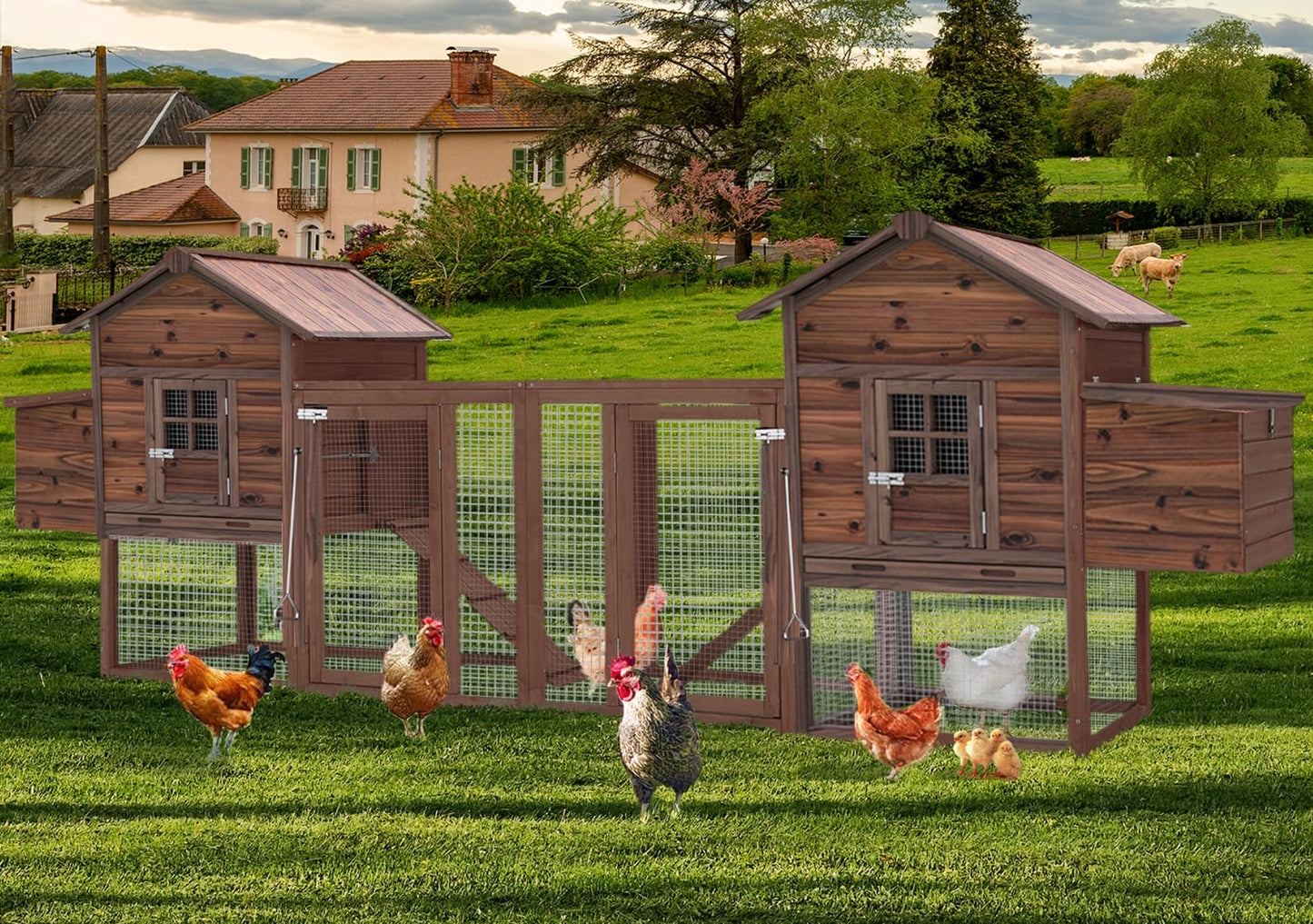 Wooden Chicken Coop Large Walk-in Outdoor Hen House with Nesting Box and Run,Poultry Cage Rabbit Hutch Waterproof UV Panel Cover for 2-4 Chickens 80''H Deep Brown #821 (80.75" L x 22" W x 44.5" H)