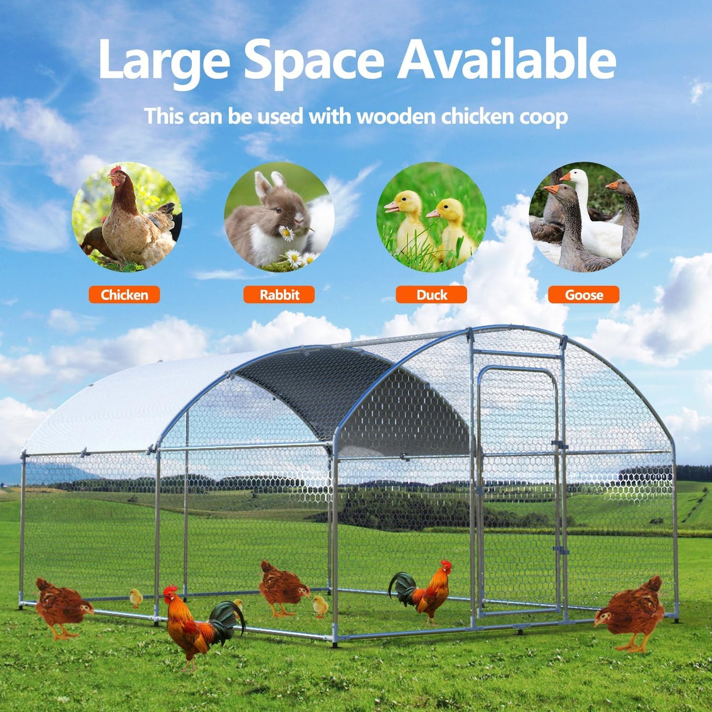 Large Metal Chicken Coop Walk-in Poultry Cage Chicken Run Pen Dog Kennel Duck House with Waterproof and Anti-Ultraviolet Cover for Outdoor Farm Use(9.8' L x 13.1' W x 6.4' H)