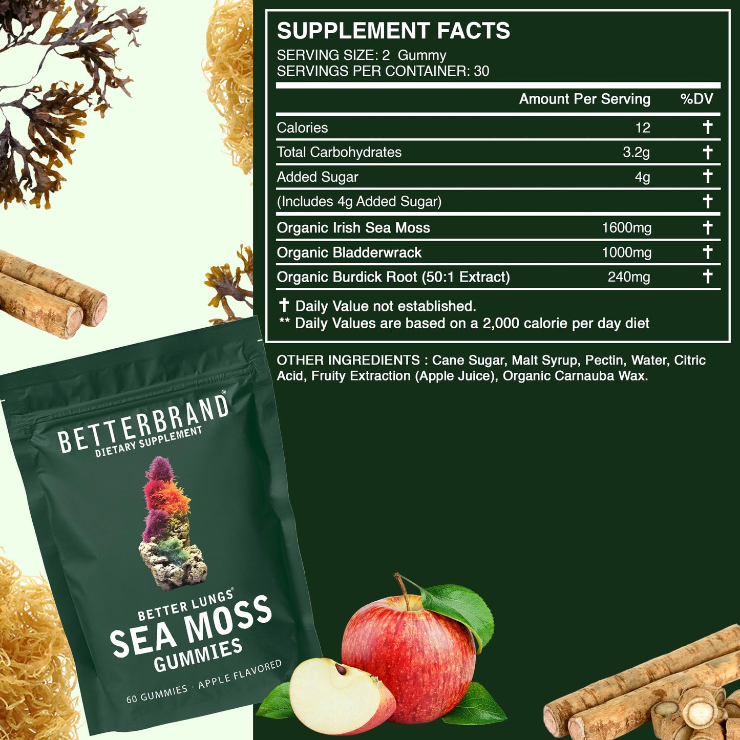 Betterbrand BetterLungs Sea Moss Gummies 1600mg Organic Irish Sea Moss for Lung and Immune System Support 1000mg Organic Bladderwrack and Burdock Root - 60 Count Apple Flavored (30 Days Supply)