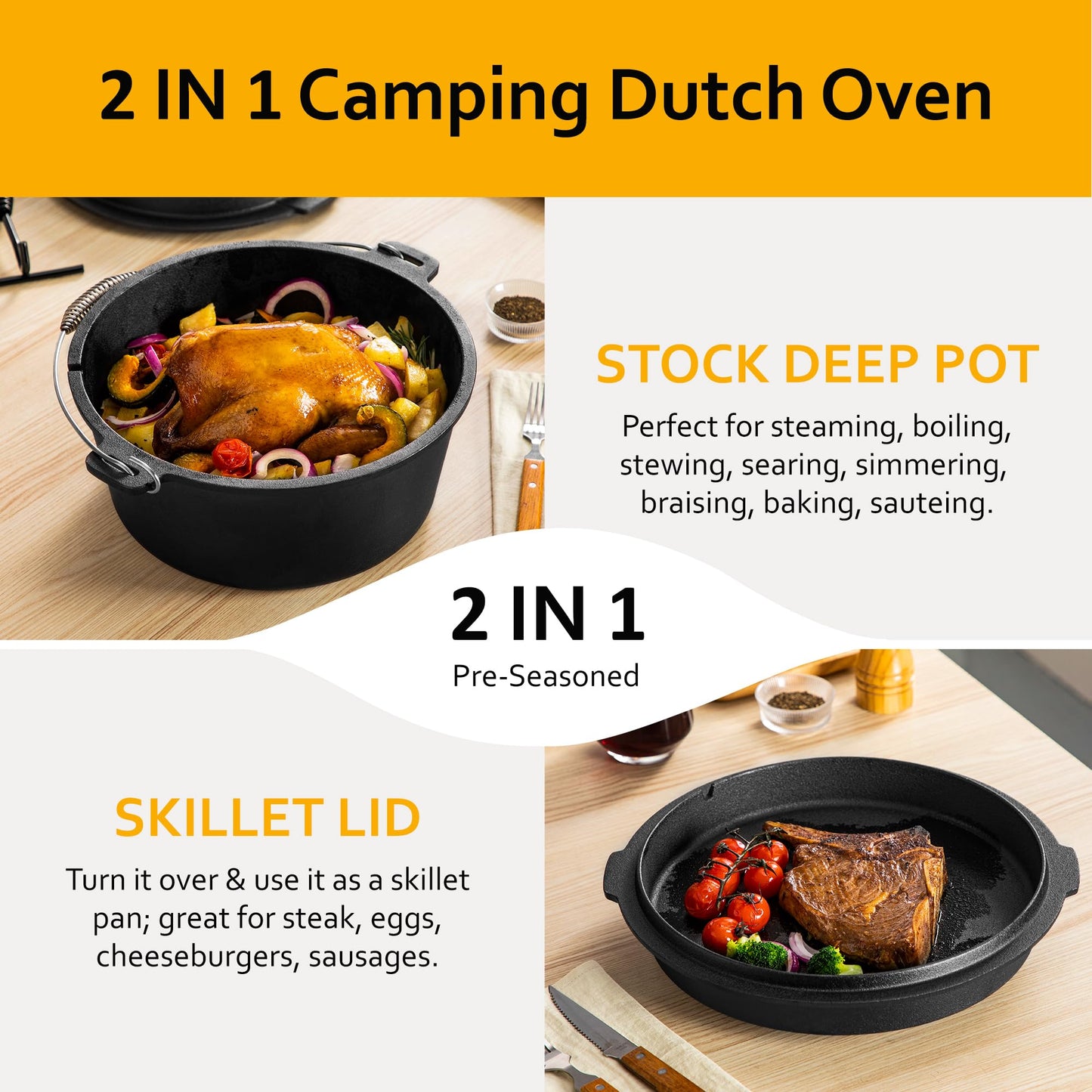 Velaze 10QT Camping Dutch Oven, Pre-Seasoned Cast Iron Camp Dutch Oven Pot with Lid, for Use in the Oven, on the Stove, Grill, or over the Campfire - Metal Handle, Lid Lifter, and Tripod