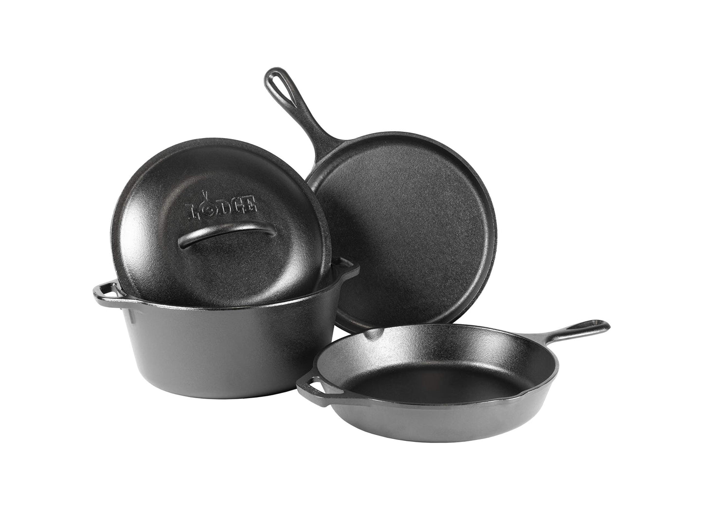 Lodge Seasoned Cast Iron 5 Piece Bundle. 10.5" Griddle, 8" Skillet, 10.25" Skillet, 10.25" Dutch Oven, and 10.25" Lid,Black