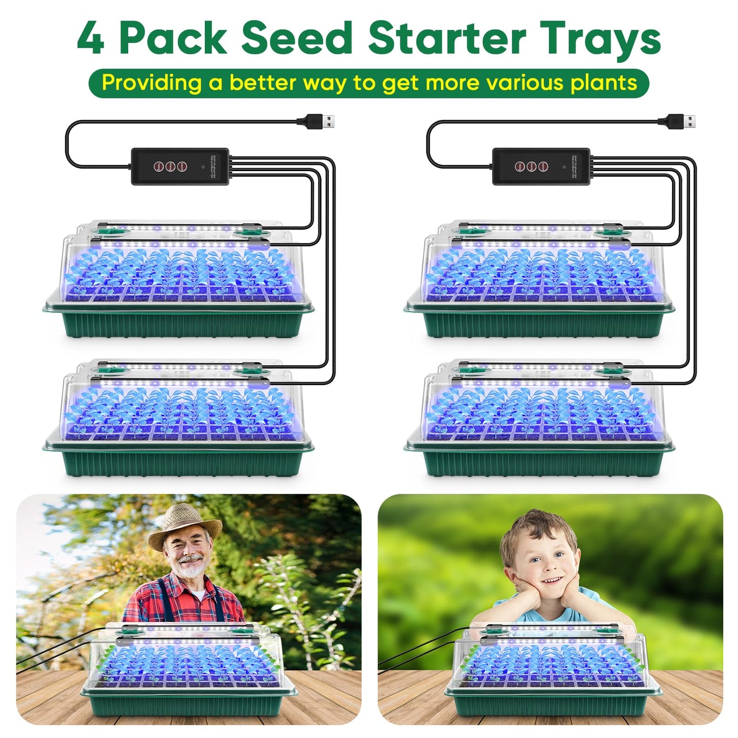 Seed Starter Tray with Grow Light,3 Pack 120 Cells Seedling Tray with Humidity Dome/Indoor Grow Kit for Deep-Rooted Seedlings,Adjustable/Timed Light Plant Starter Set