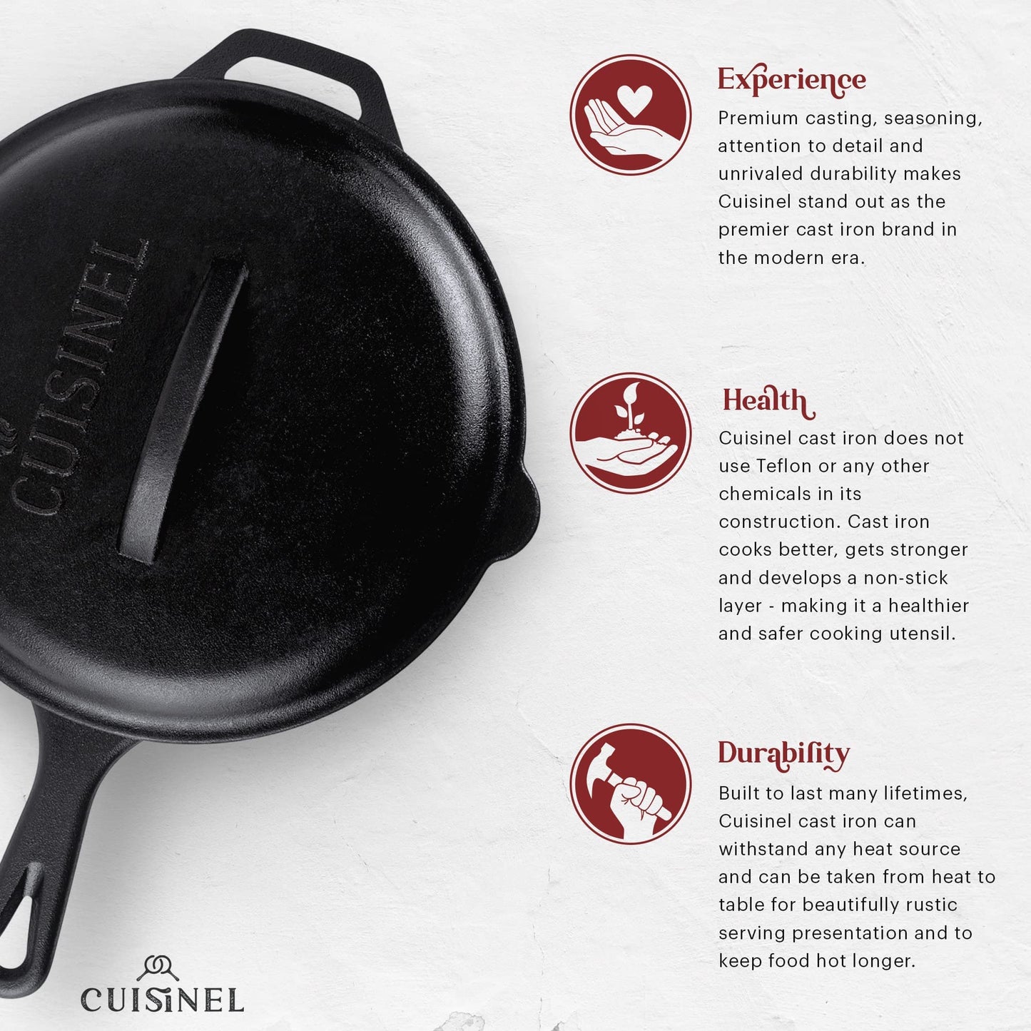 Cuisinel Cast Iron Skillet with Lid - 12"-inch Pre-Seasoned Covered Frying Pan Set + Silicone Handle & Lid Holders + Scraper/Cleaner - Indoor/Outdoor, Oven, Stovetop, Camping Fire, Grill Safe Cookware