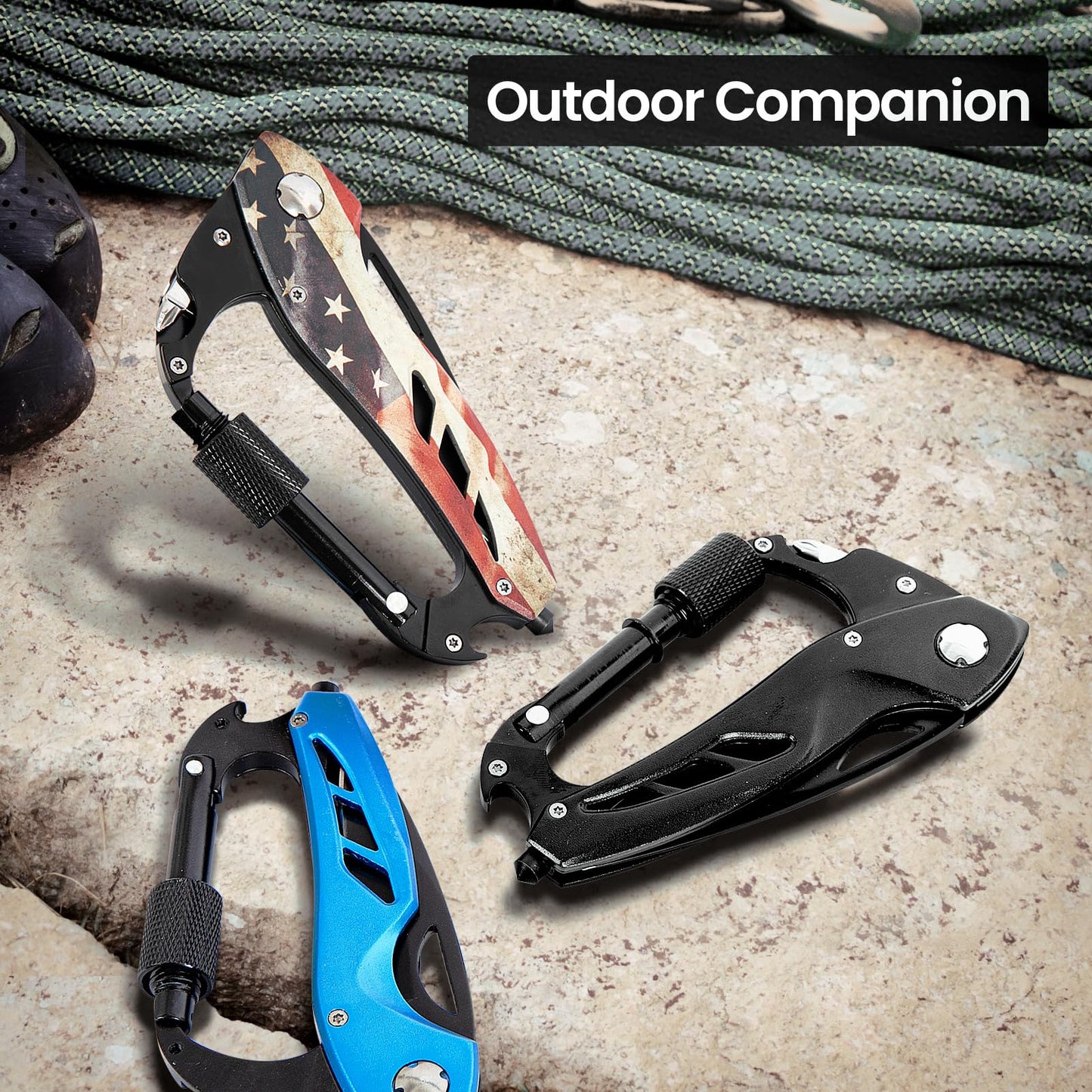 Multitool Carabiner with Pocket Knife, Stocking Stuffers Gifts for Men, EDC Carabiners with Folding Knives, Bottle Opener, Window Breaker and Screwdriver, Survival Gear for Camping Hiking