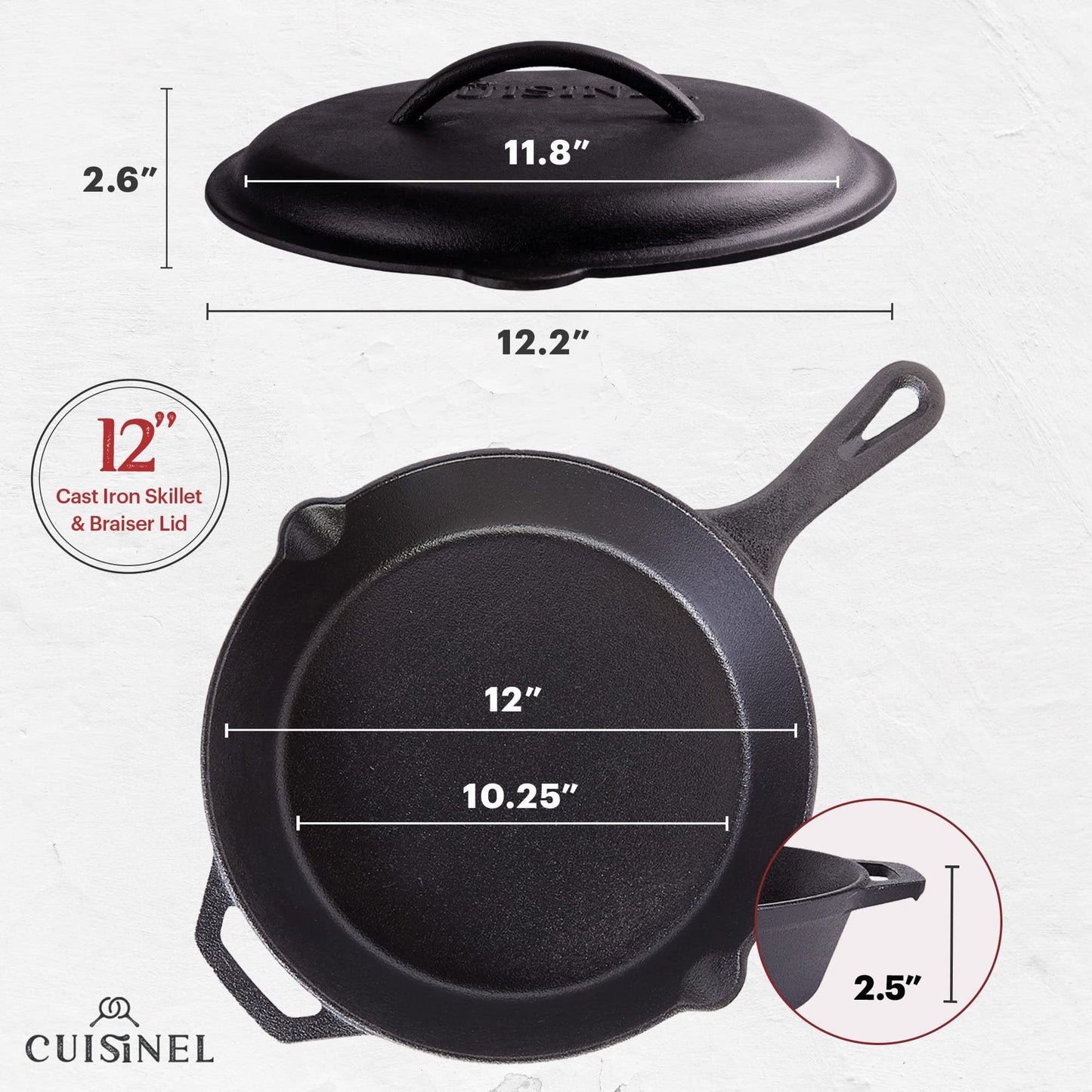 Cuisinel Cast Iron Skillet with Lid - 12"-inch Pre-Seasoned Covered Frying Pan Set + Silicone Handle & Lid Holders + Scraper/Cleaner - Indoor/Outdoor, Oven, Stovetop, Camping Fire, Grill Safe Cookware