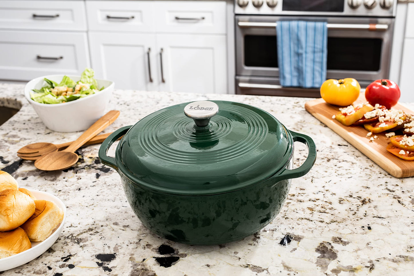 Lodge 6 Quart Enameled Cast Iron Dutch Oven with Lid – Dual Handles – Oven Safe up to 500° F or on Stovetop - Use to Marinate, Cook, Bake, Refrigerate and Serve – Blue