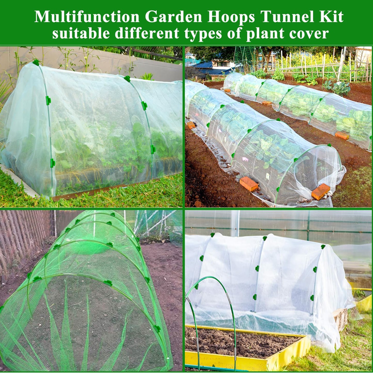 Greenhouse Hoops Grow Tunnel 10 Sets of 8FT Long Rust-Free Fiberglass Support Garden Hoops Kit for Raised Beds Garden Plant Cloth Row Cover Netting ,DIY Plant Support Garden Hoop ,60 Pcs