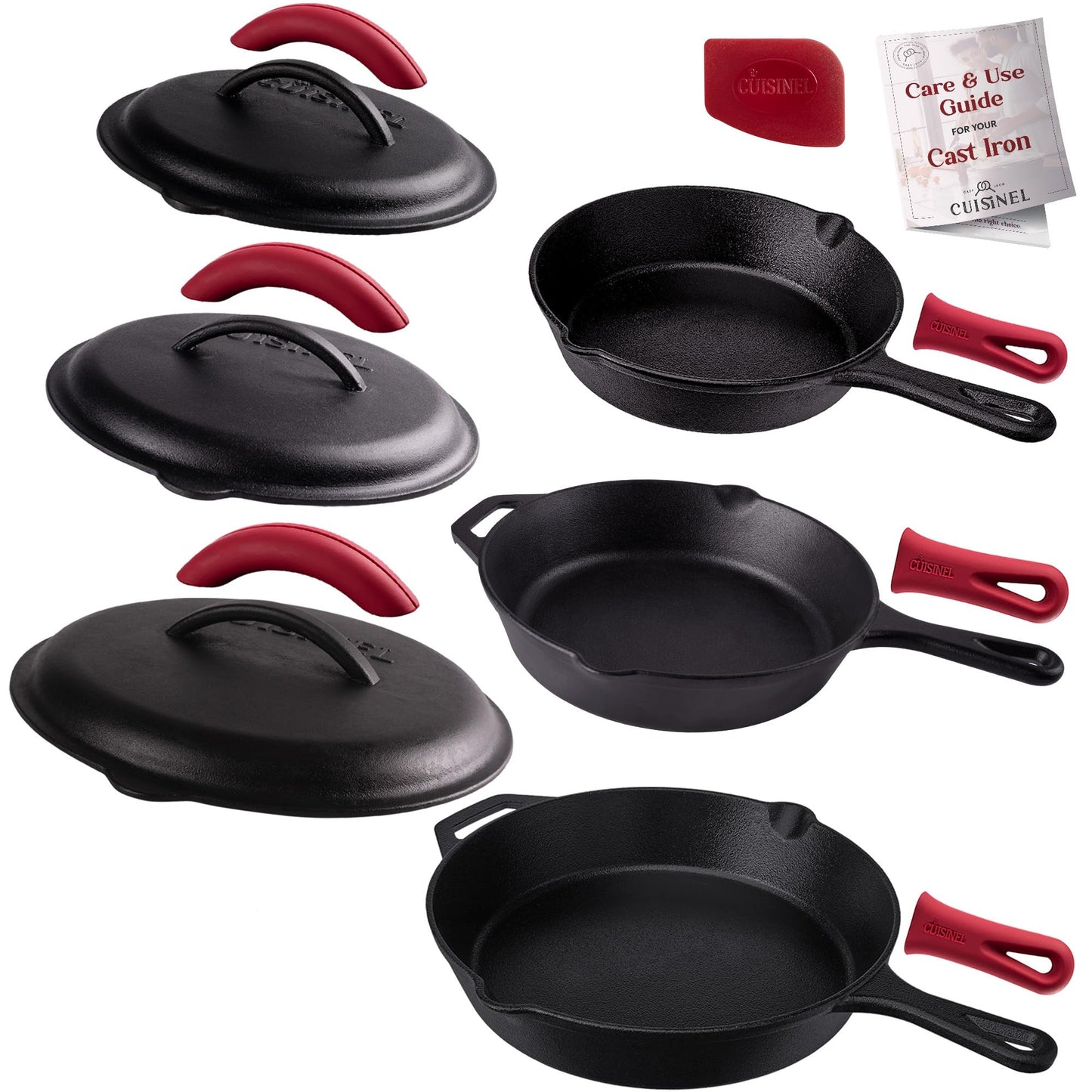 Cuisinel Cast Iron Skillet with Lid - 12"-inch Pre-Seasoned Covered Frying Pan Set + Silicone Handle & Lid Holders + Scraper/Cleaner - Indoor/Outdoor, Oven, Stovetop, Camping Fire, Grill Safe Cookware