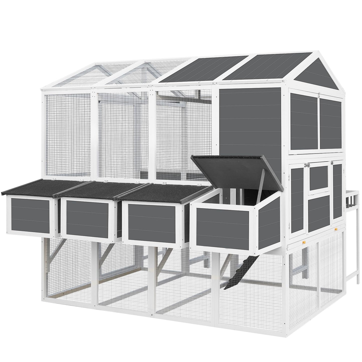 150" Chicken Coop with Two Nesting Boxes and Sliding Door,Outdoor Wooden Extra Large Hen House w/Built-in Slide-Out Tray,Rust-Proof Metal Wire Poultry Cage,5 Perches,Gray