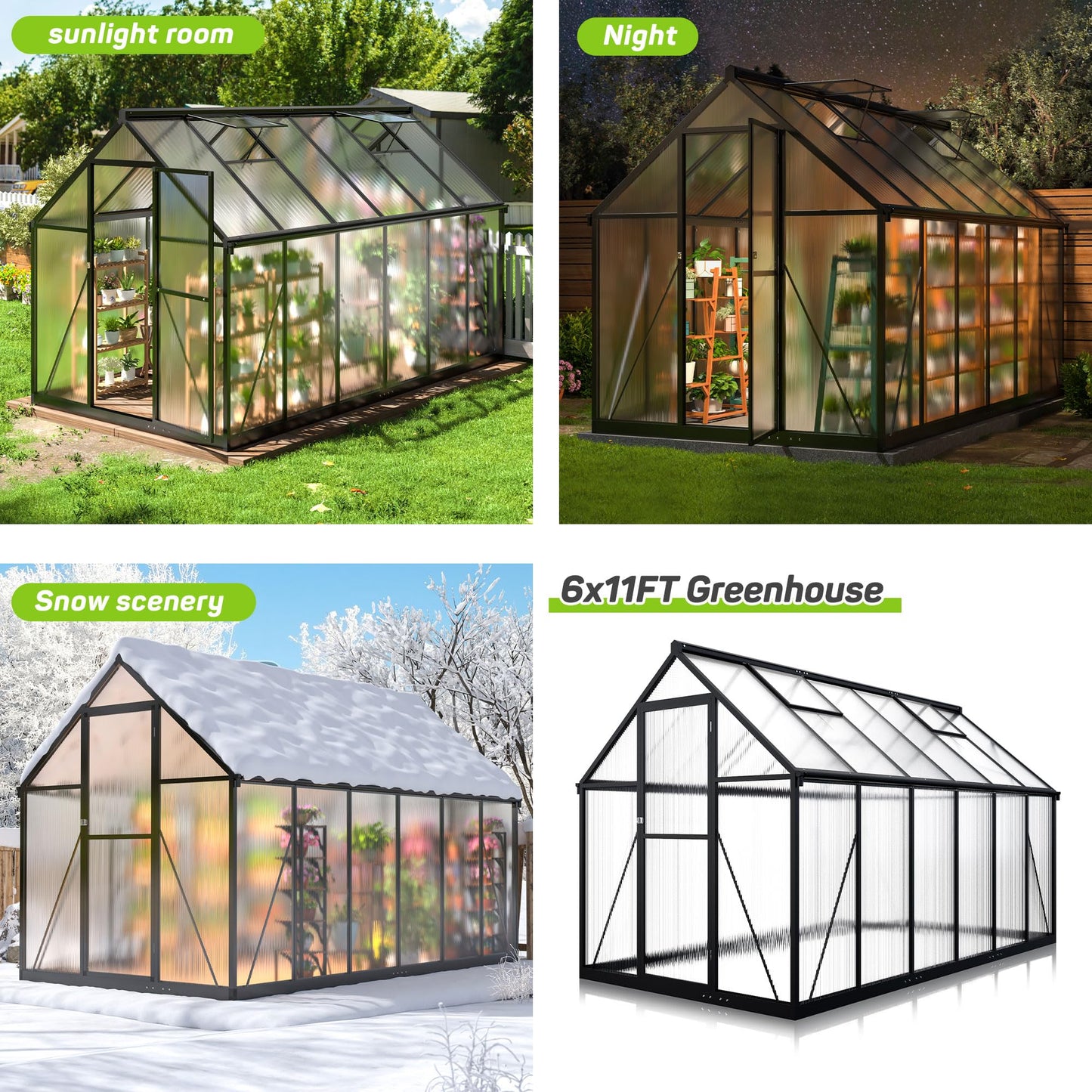 6x7.5 FT Greenhouse for Outdoors, Polycarbonate Greenhouse with Quick Setup Structure and Roof Vent, Aluminum Large Walk-in Greenhouse for Outside Garden Backyard, Black