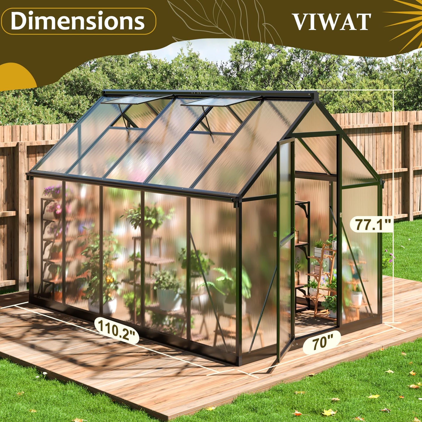 6x7.5 FT Greenhouse for Outdoors, Polycarbonate Greenhouse with Quick Setup Structure and Roof Vent, Aluminum Large Walk-in Greenhouse for Outside Garden Backyard, Black