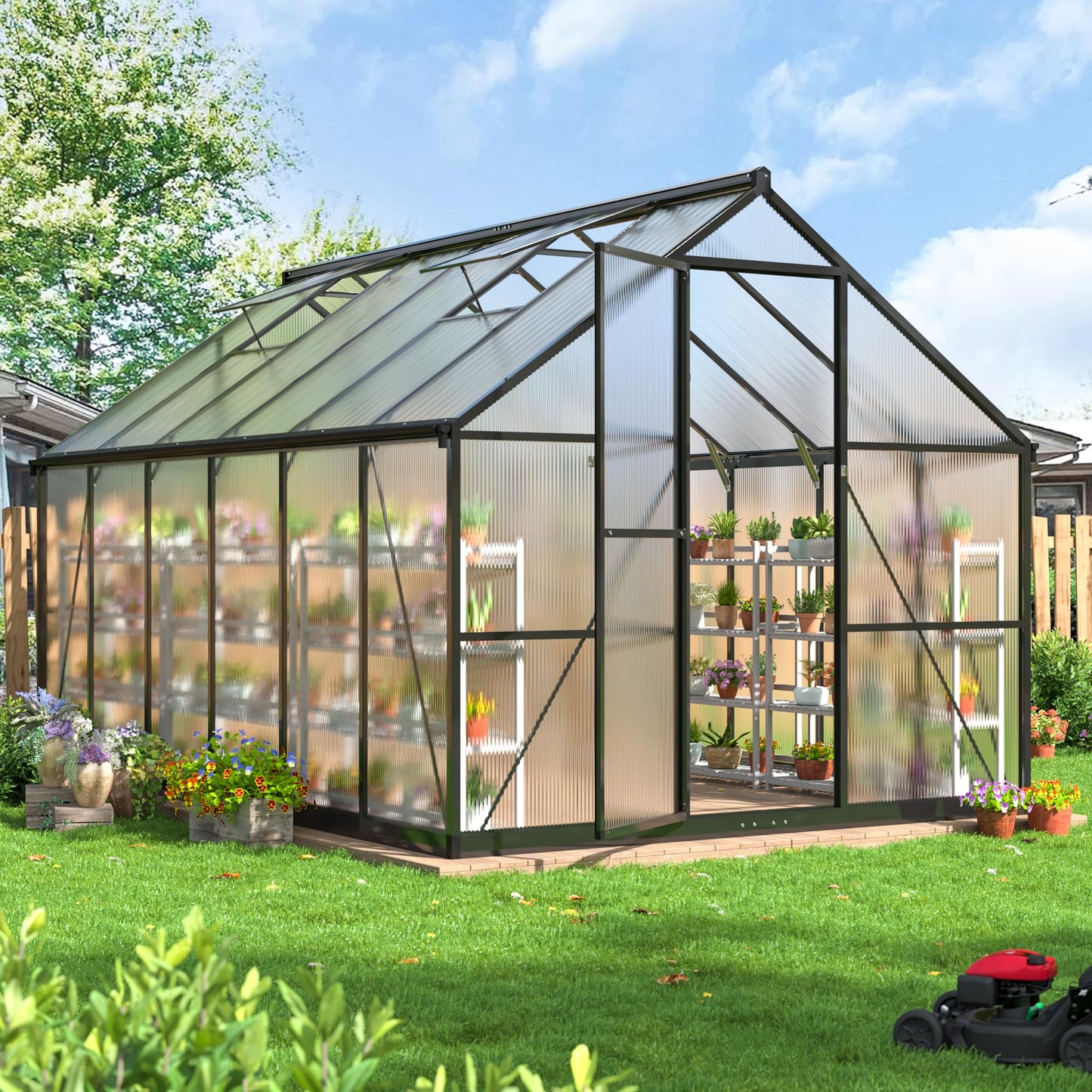 6x7.5 FT Greenhouse for Outdoors, Polycarbonate Greenhouse with Quick Setup Structure and Roof Vent, Aluminum Large Walk-in Greenhouse for Outside Garden Backyard, Black