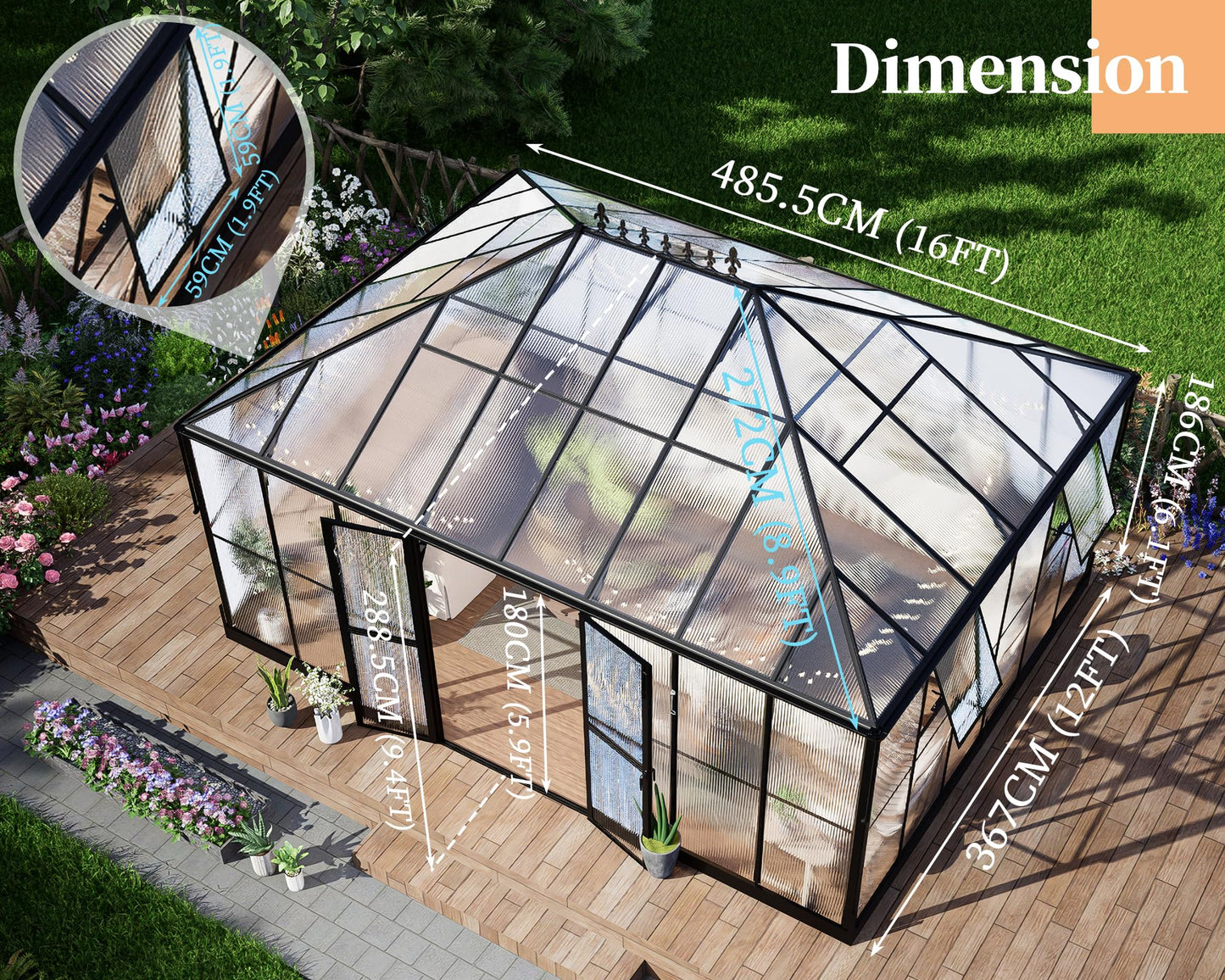 HOWE 14x9.5x9 FT Polycarbonate Greenhouse with 2 Vents and Double Swing Doors 6FT Added Wall Height, Walk-in Large Winter Greenhouse Sunroom Aluminum Greenhouse for Outdoors, Black