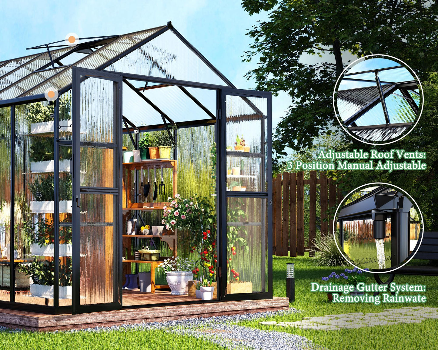 AMERLIFE 8x12x7.5 Polycarbonate Greenhouse with Quick-Connect Fittings, Walk-in Aluminum Greenhouse with 2 Swing Doors, Greenhouses for Outdoors for Garden Backyard, Black