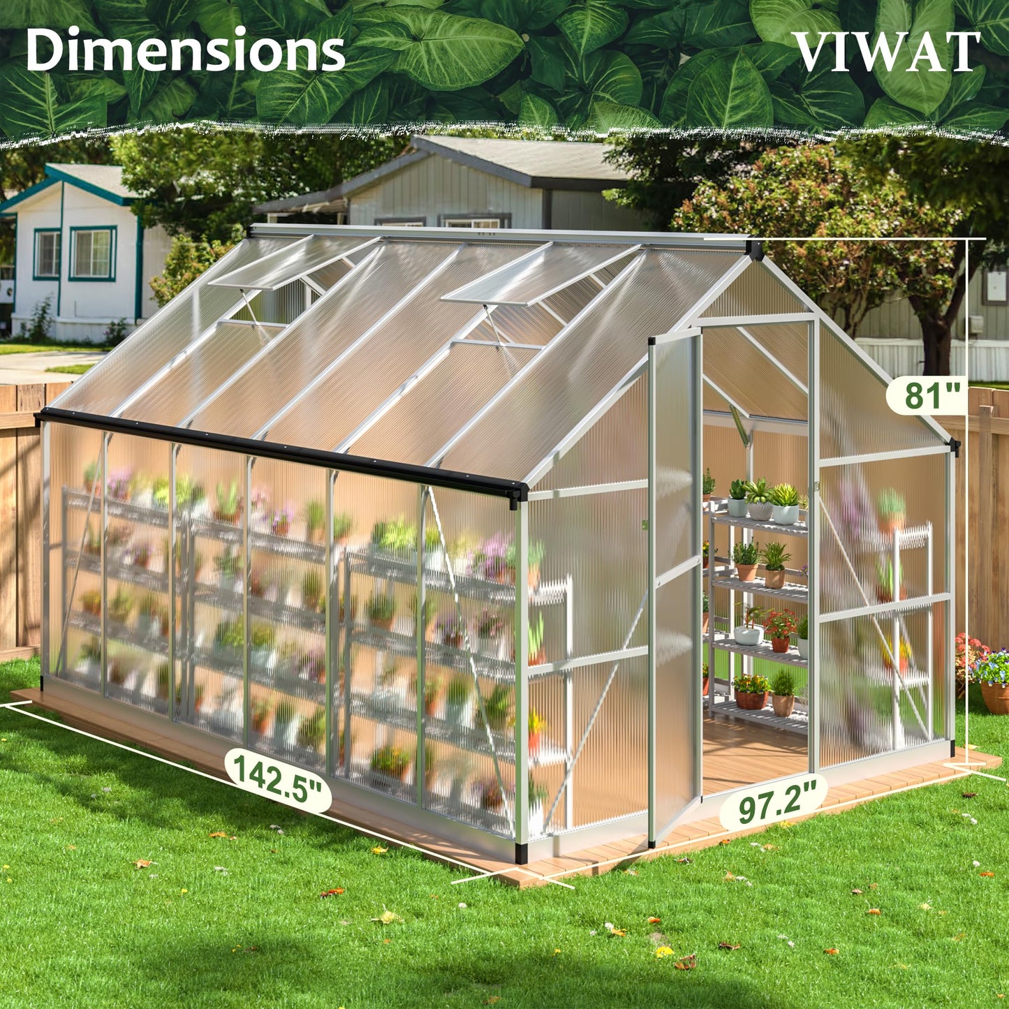 6x7.5 FT Greenhouse for Outdoors, Polycarbonate Greenhouse with Quick Setup Structure and Roof Vent, Aluminum Large Walk-in Greenhouse for Outside Garden Backyard, Black