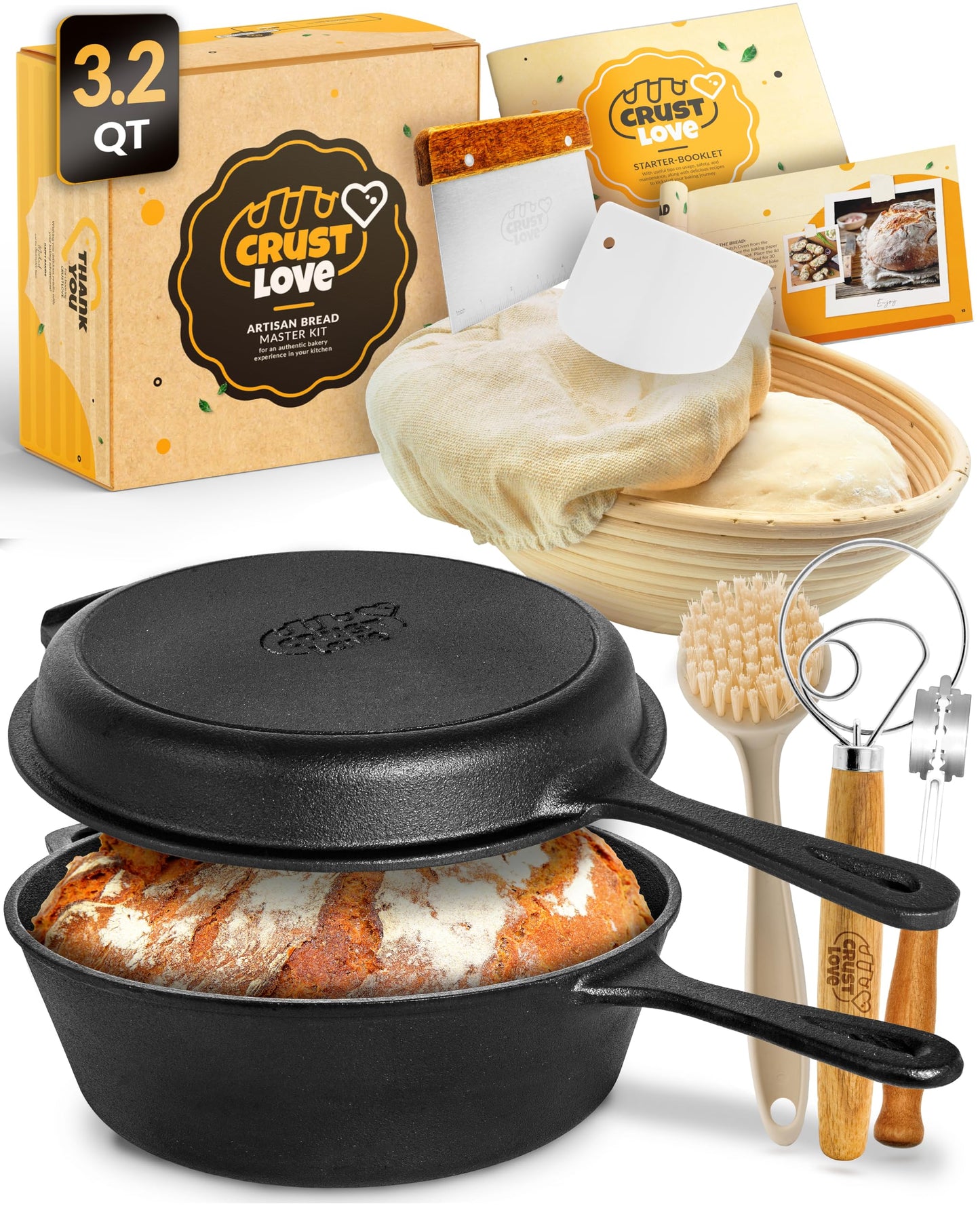 Cast Iron Dutch Oven for Bread Baking - incl. Sourdough Bread Baking Supplies like Banneton Bread Proofing Basket - 5QT Cast Iron Bread Oven with Lid Bread Banking Pan Pot Scoring Tool Lame