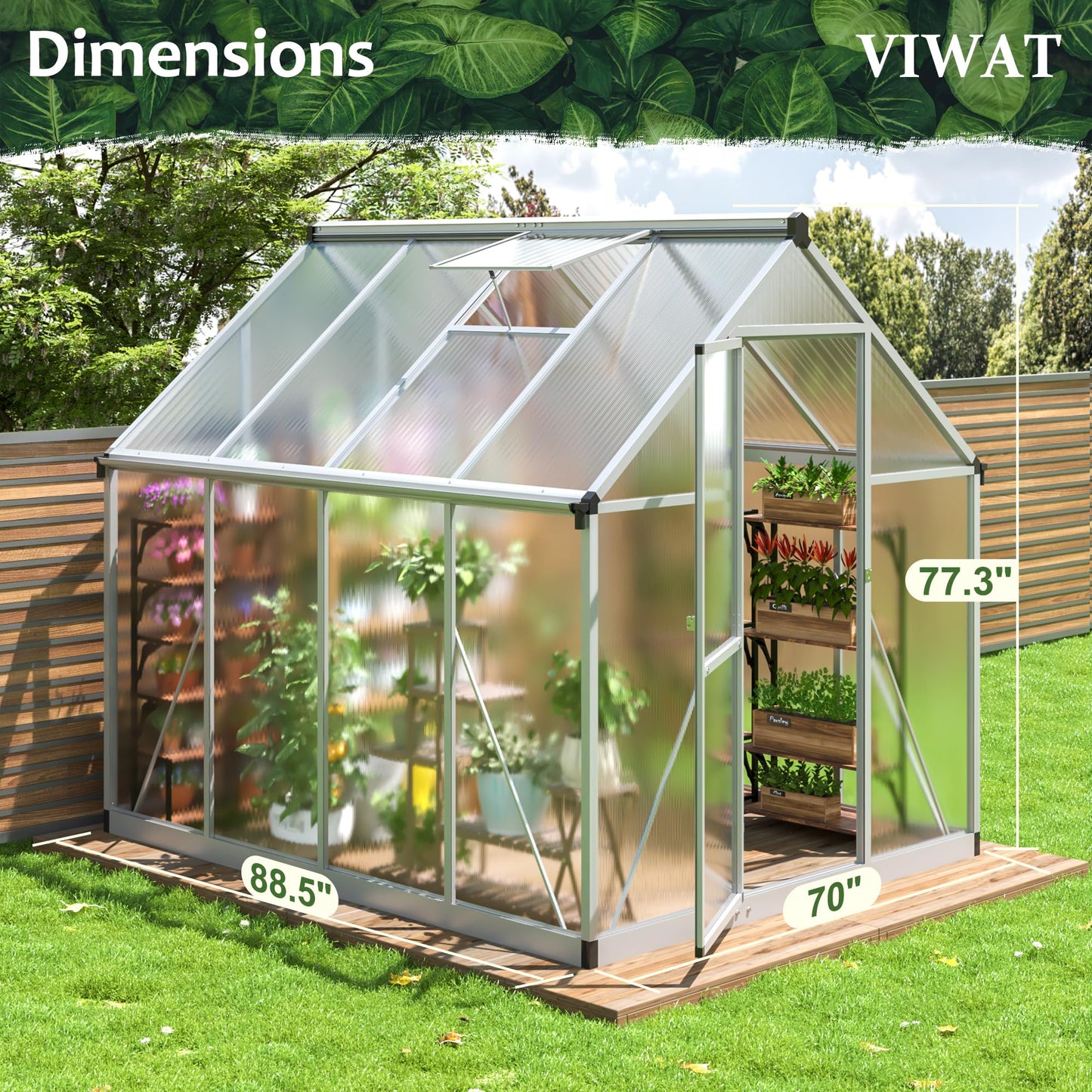 6x7.5 FT Greenhouse for Outdoors, Polycarbonate Greenhouse with Quick Setup Structure and Roof Vent, Aluminum Large Walk-in Greenhouse for Outside Garden Backyard, Black