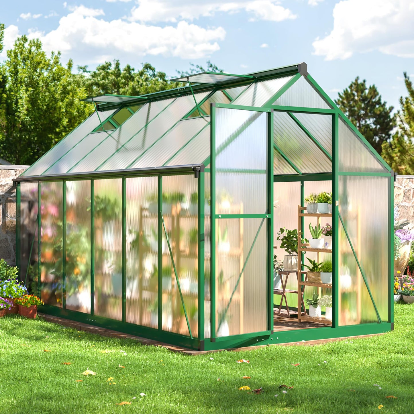 6x7.5 FT Greenhouse for Outdoors, Polycarbonate Greenhouse with Quick Setup Structure and Roof Vent, Aluminum Large Walk-in Greenhouse for Outside Garden Backyard, Black