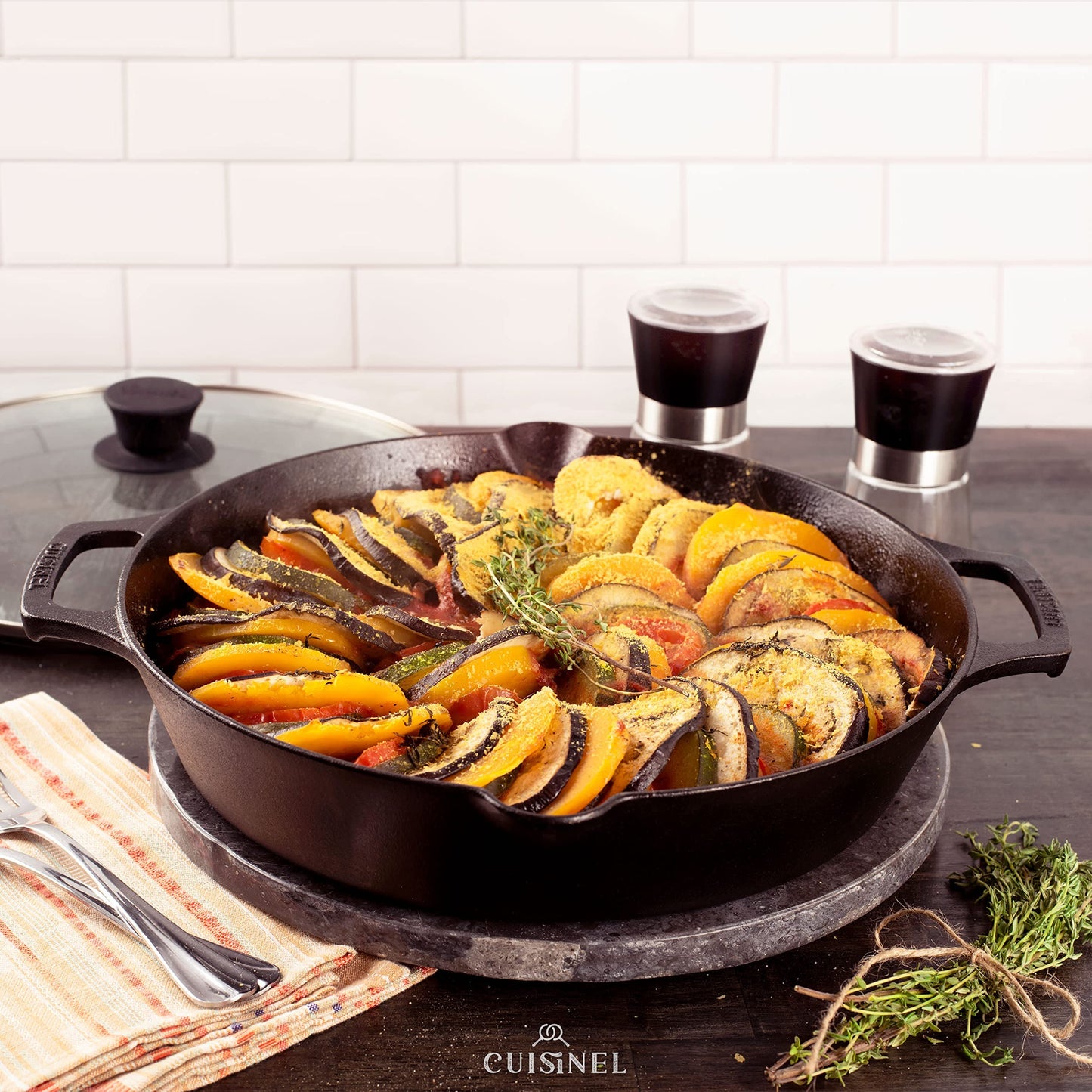 Cuisinel Cast Iron Skillet with Lid - 12"-inch Pre-Seasoned Covered Frying Pan Set + Silicone Handle & Lid Holders + Scraper/Cleaner - Indoor/Outdoor, Oven, Stovetop, Camping Fire, Grill Safe Cookware