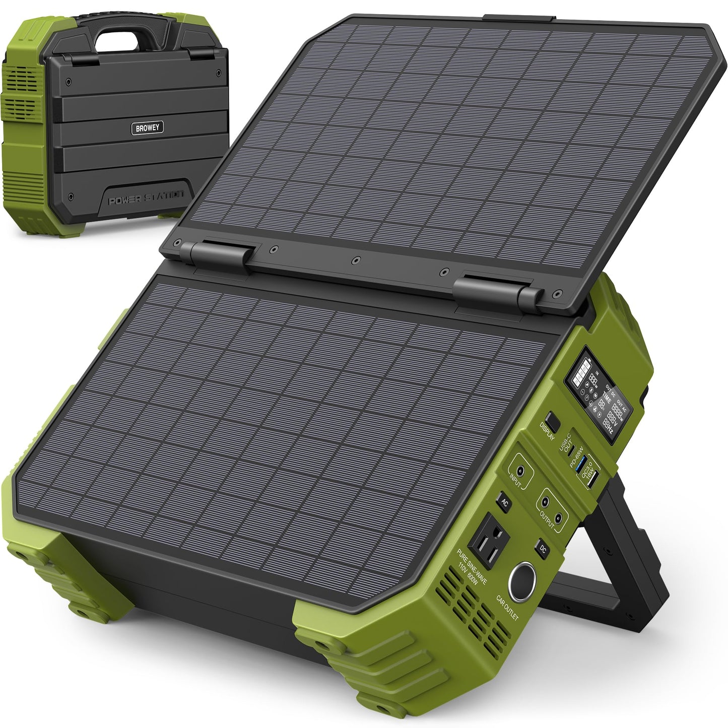 BROWEY Portable Power Station 1000W with Built-in Solar Panel, 614WH/192000mAh LiFePO4 Battery Pack, Solar Generator with AC/DC/USB/PD Outputs for Outdoor Camping, RV Travel, Emergency Preparedness