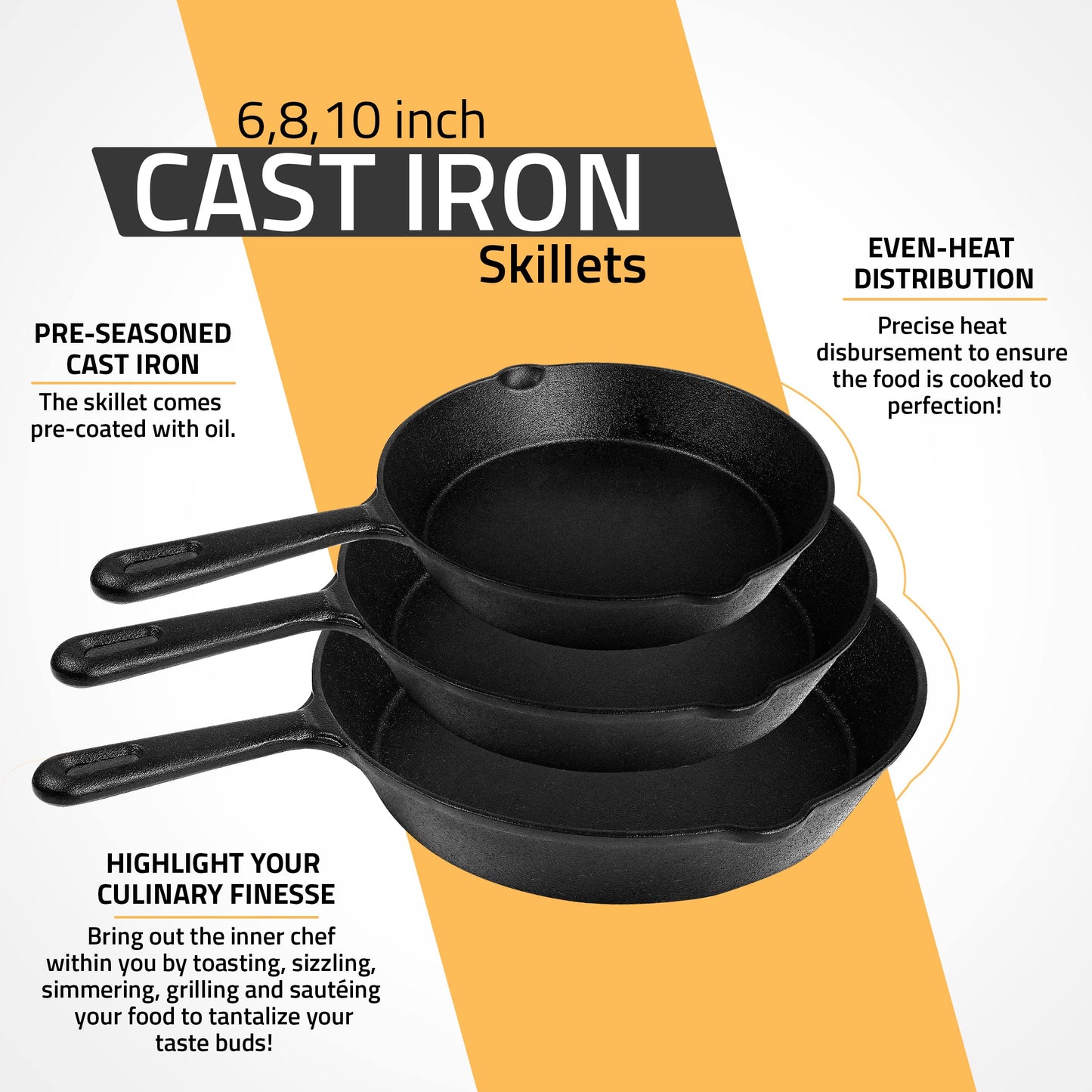 Utopia Kitchen Saute Fry Pan - Pre-Seasoned Cast Iron Skillet Set 3-Piece - Frying Pan - 6 Inch, 8 Inch and 10 Inch Cast Iron Set (Black)