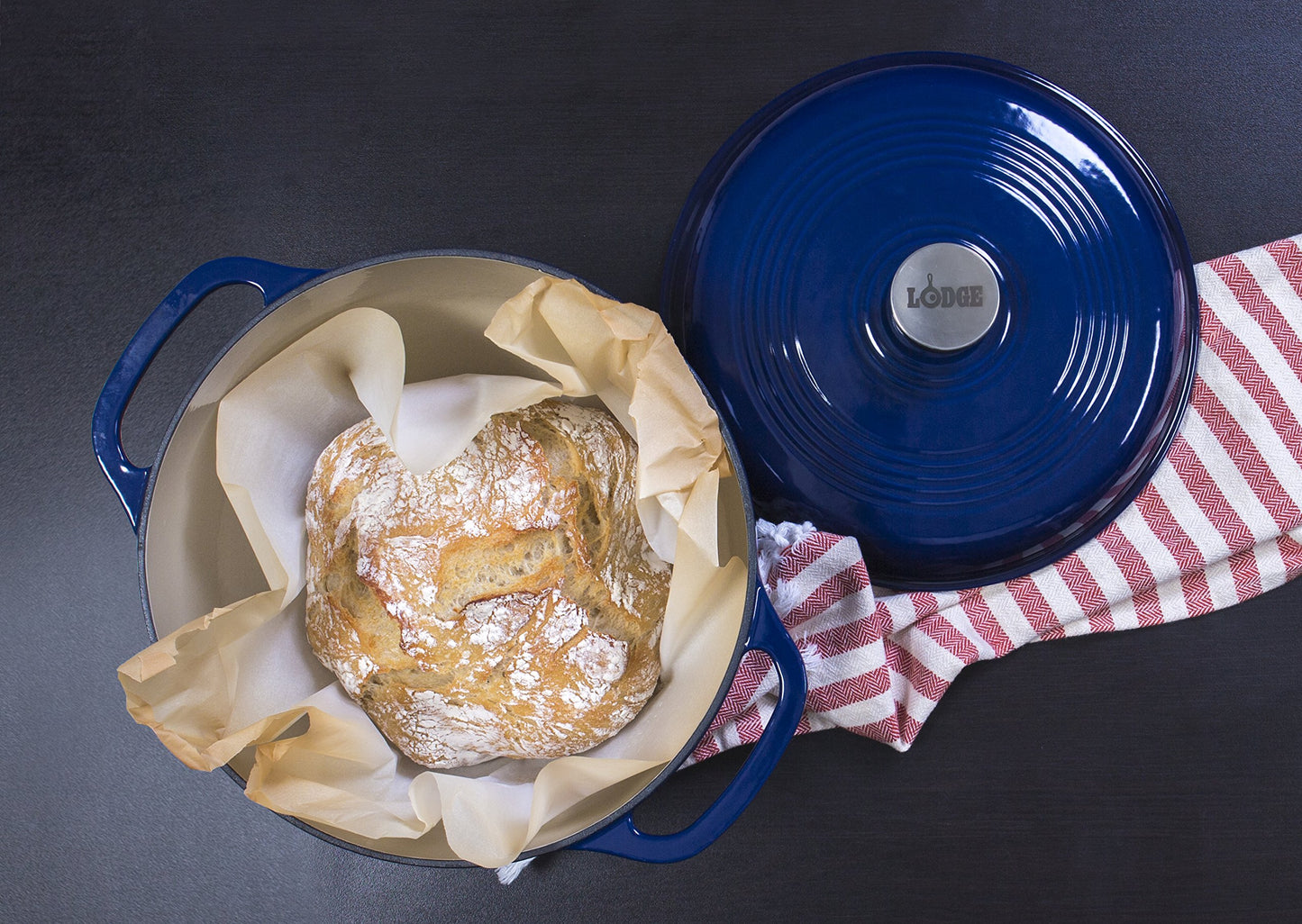 Lodge 6 Quart Enameled Cast Iron Dutch Oven with Lid – Dual Handles – Oven Safe up to 500° F or on Stovetop - Use to Marinate, Cook, Bake, Refrigerate and Serve – Blue