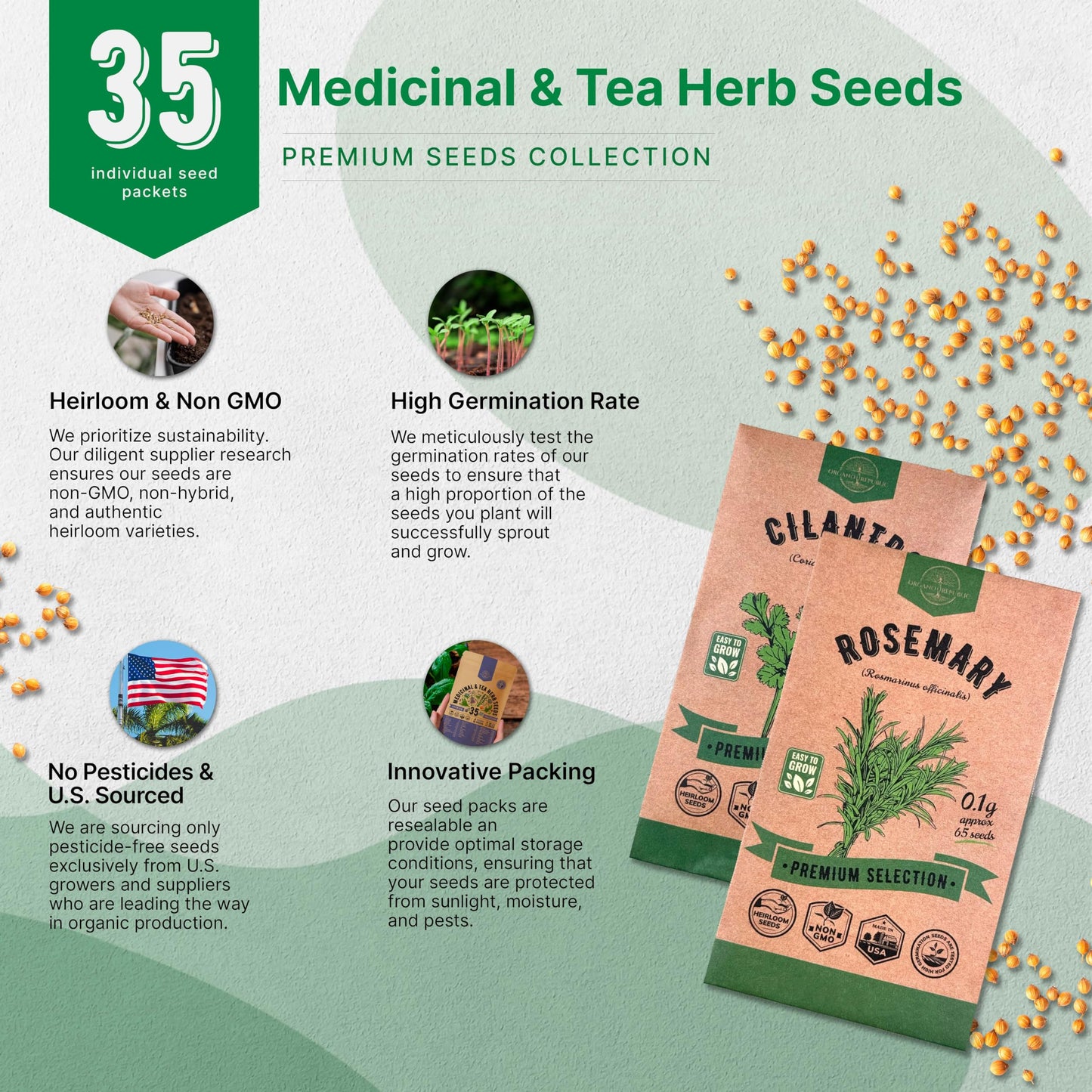 35 Medicinal & Tea Herb Seeds Variety Pack for Indoor & Outdoors. 16,335+ Non-GMO Heirloom Garden Seeds: Anise, Bergamot, Borage, Cilantro, Chamomile, Dandelion, Rosemary Seeds & More