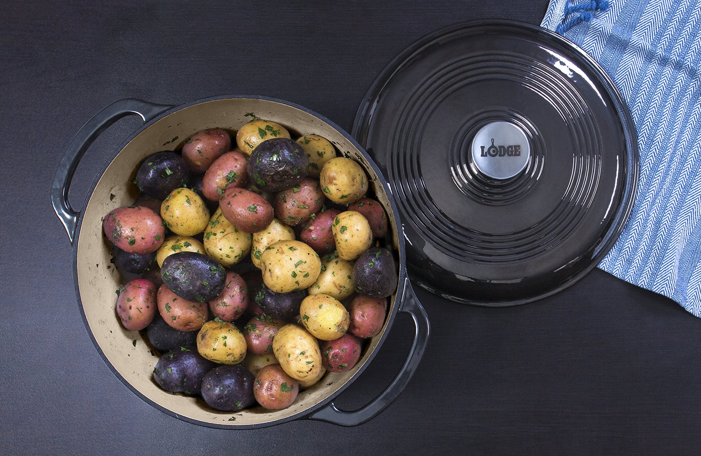 Lodge 6 Quart Enameled Cast Iron Dutch Oven with Lid – Dual Handles – Oven Safe up to 500° F or on Stovetop - Use to Marinate, Cook, Bake, Refrigerate and Serve – Blue