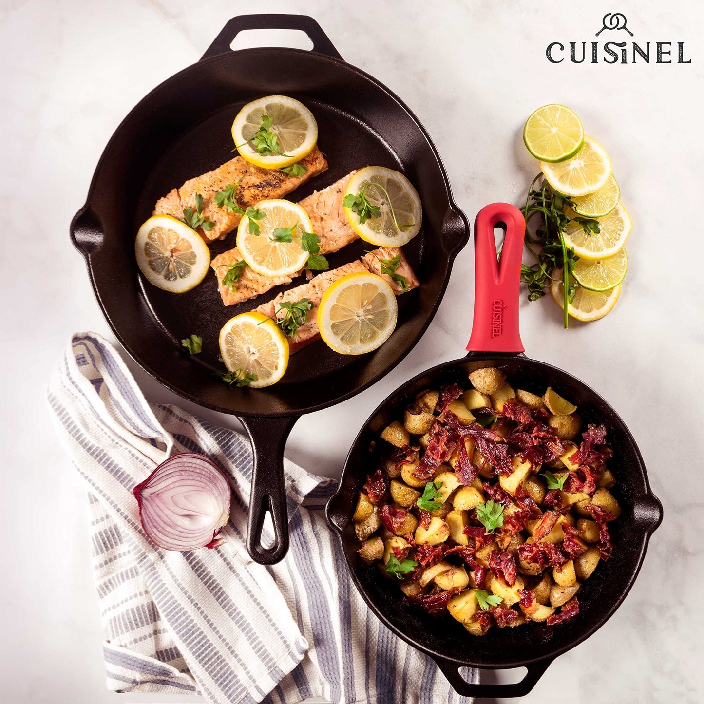 Cuisinel Cast Iron Skillet with Lid - 12"-inch Pre-Seasoned Covered Frying Pan Set + Silicone Handle & Lid Holders + Scraper/Cleaner - Indoor/Outdoor, Oven, Stovetop, Camping Fire, Grill Safe Cookware