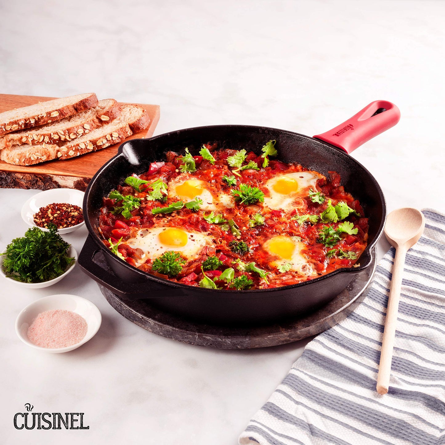 Cuisinel Cast Iron Skillet with Lid - 12"-inch Pre-Seasoned Covered Frying Pan Set + Silicone Handle & Lid Holders + Scraper/Cleaner - Indoor/Outdoor, Oven, Stovetop, Camping Fire, Grill Safe Cookware