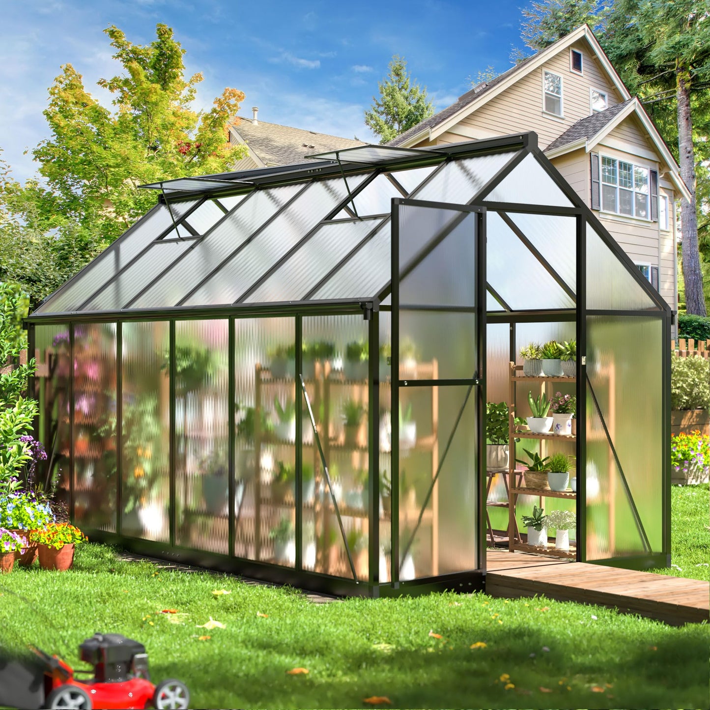 6x7.5 FT Greenhouse for Outdoors, Polycarbonate Greenhouse with Quick Setup Structure and Roof Vent, Aluminum Large Walk-in Greenhouse for Outside Garden Backyard, Black