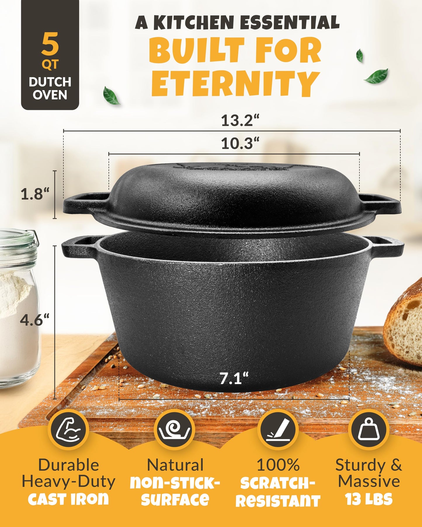 Cast Iron Dutch Oven for Bread Baking - incl. Sourdough Bread Baking Supplies like Banneton Bread Proofing Basket - 5QT Cast Iron Bread Oven with Lid Bread Banking Pan Pot Scoring Tool Lame