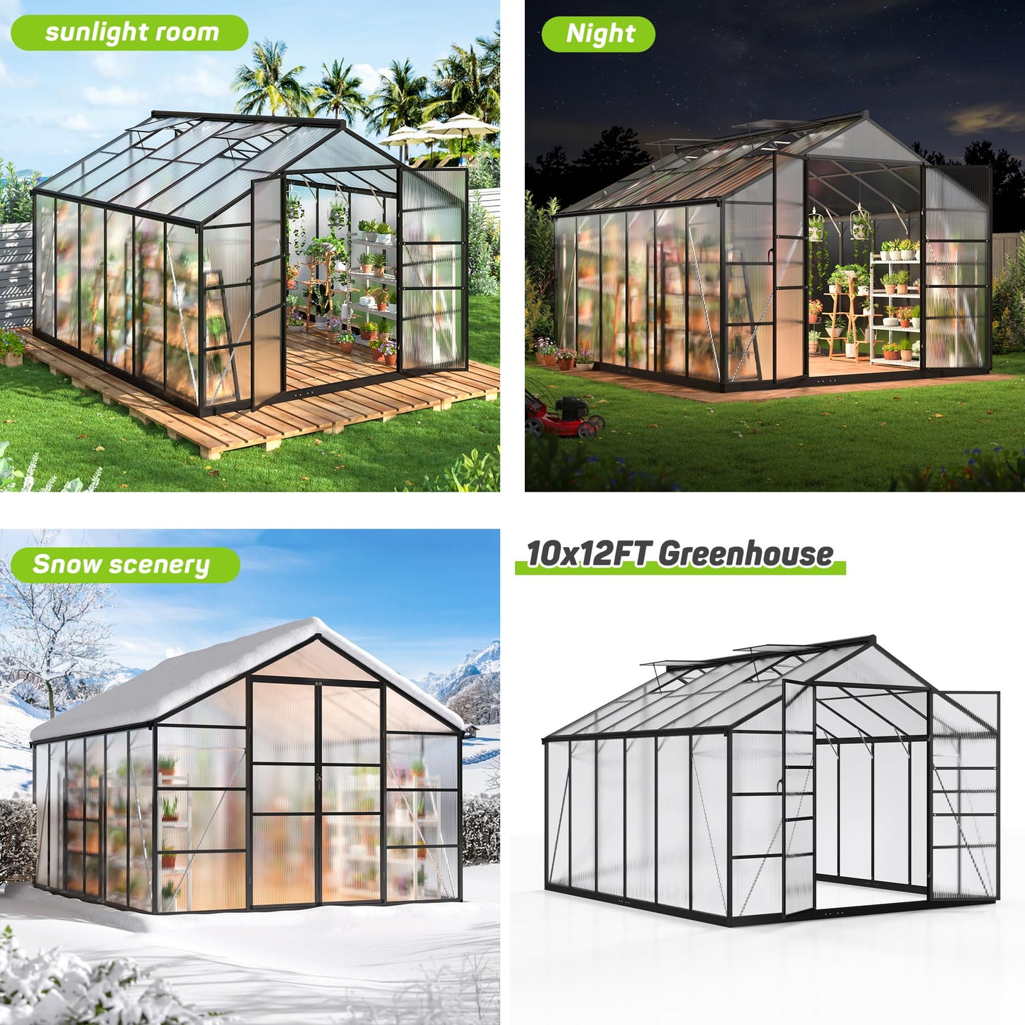 6x7.5 FT Greenhouse for Outdoors, Polycarbonate Greenhouse with Quick Setup Structure and Roof Vent, Aluminum Large Walk-in Greenhouse for Outside Garden Backyard, Black