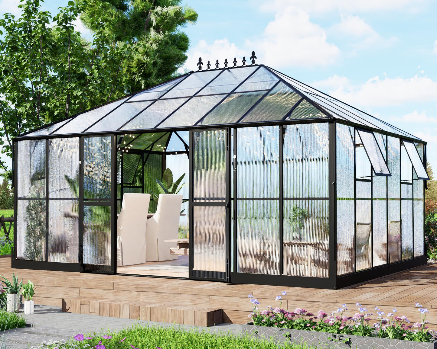 HOWE 14x9.5x9 FT Polycarbonate Greenhouse with 2 Vents and Double Swing Doors 6FT Added Wall Height, Walk-in Large Winter Greenhouse Sunroom Aluminum Greenhouse for Outdoors, Black