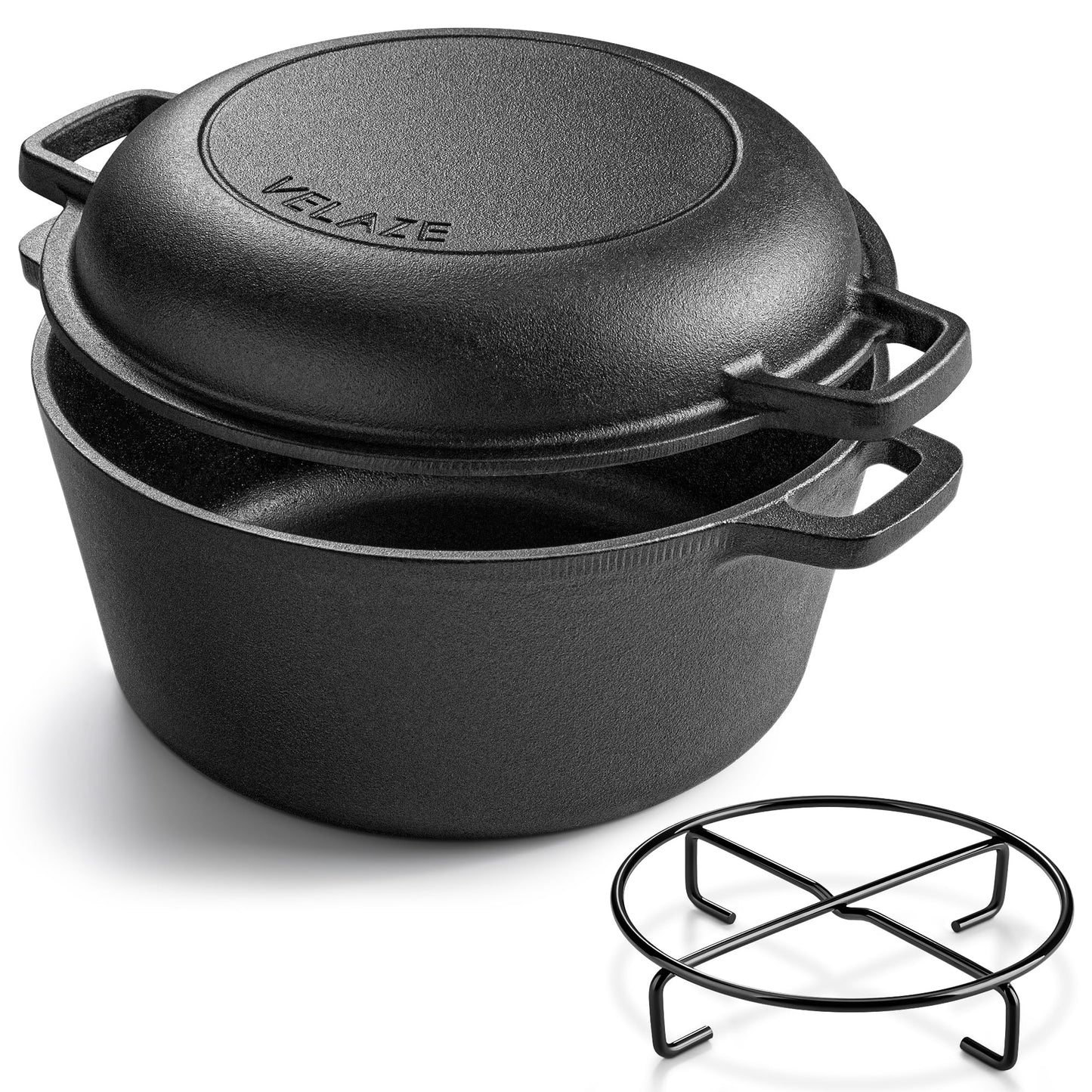 Velaze 10QT Camping Dutch Oven, Pre-Seasoned Cast Iron Camp Dutch Oven Pot with Lid, for Use in the Oven, on the Stove, Grill, or over the Campfire - Metal Handle, Lid Lifter, and Tripod