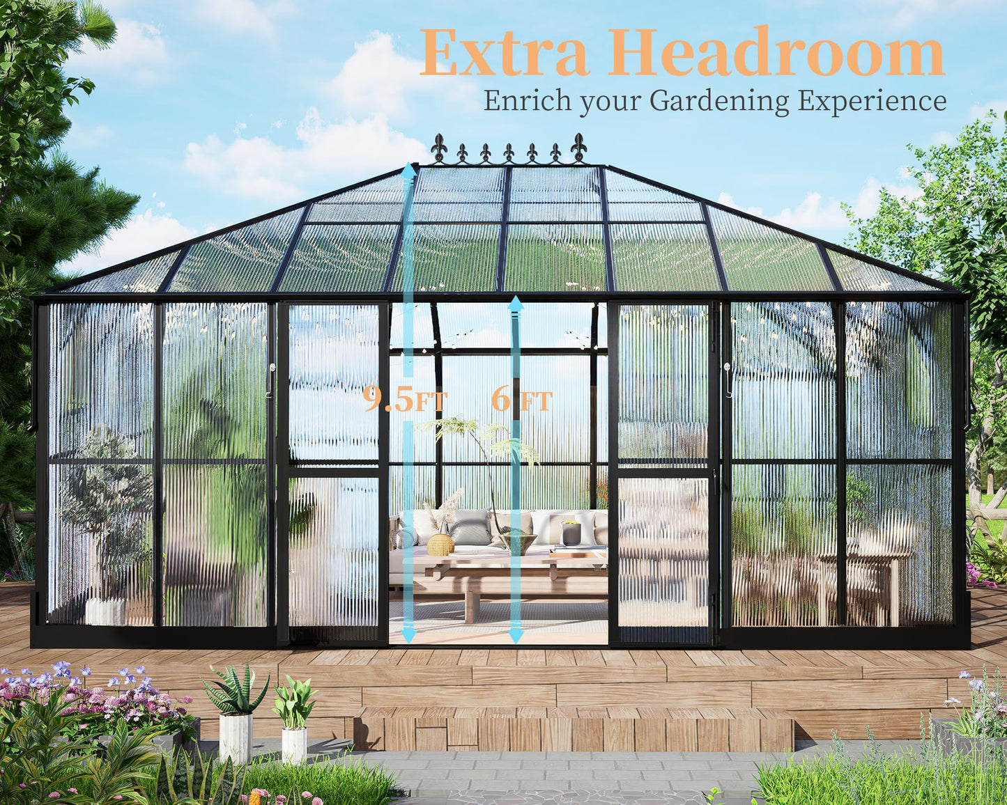 HOWE 14x9.5x9 FT Polycarbonate Greenhouse with 2 Vents and Double Swing Doors 6FT Added Wall Height, Walk-in Large Winter Greenhouse Sunroom Aluminum Greenhouse for Outdoors, Black