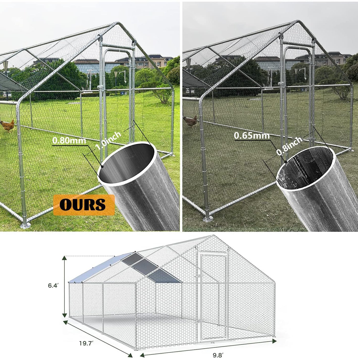 Large Metal Chicken Coop Walk-in Poultry Cage Chicken Run Pen Dog Kennel Duck House with Waterproof and Anti-Ultraviolet Cover for Outdoor Farm Use(9.8' L x 13.1' W x 6.4' H)