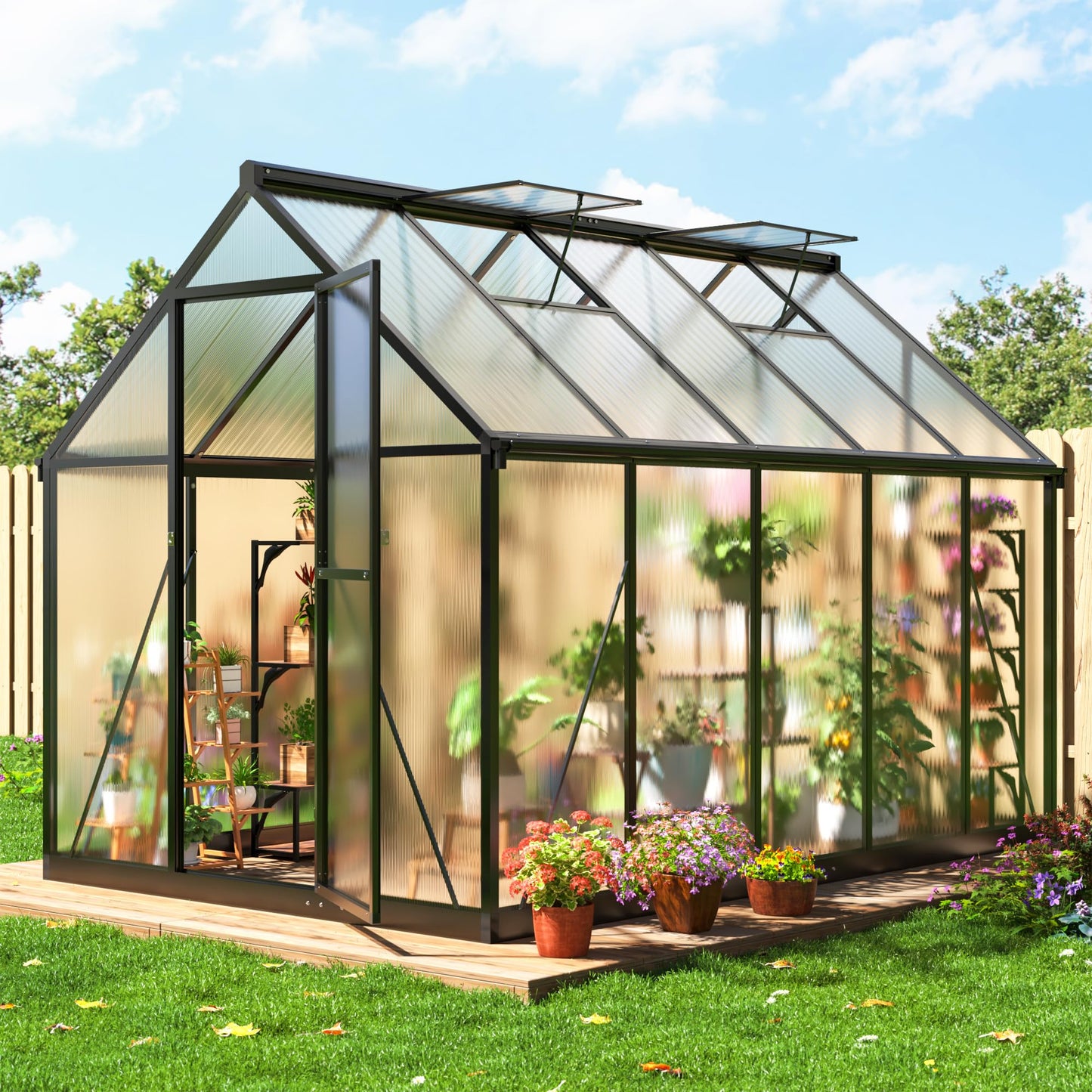 6x7.5 FT Greenhouse for Outdoors, Polycarbonate Greenhouse with Quick Setup Structure and Roof Vent, Aluminum Large Walk-in Greenhouse for Outside Garden Backyard, Black