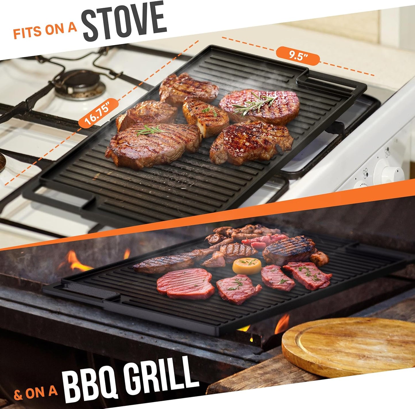 Cast Iron Griddle, Reversible Grill/Griddle + Cast Iron Press + Pan Scraper + Pinch Mitts, Grill Pan For Stove Top, Gas Grill, Indoor & Outdoor Cooking - Pre Seasoned & Non-stick (9.5" x 16.75")