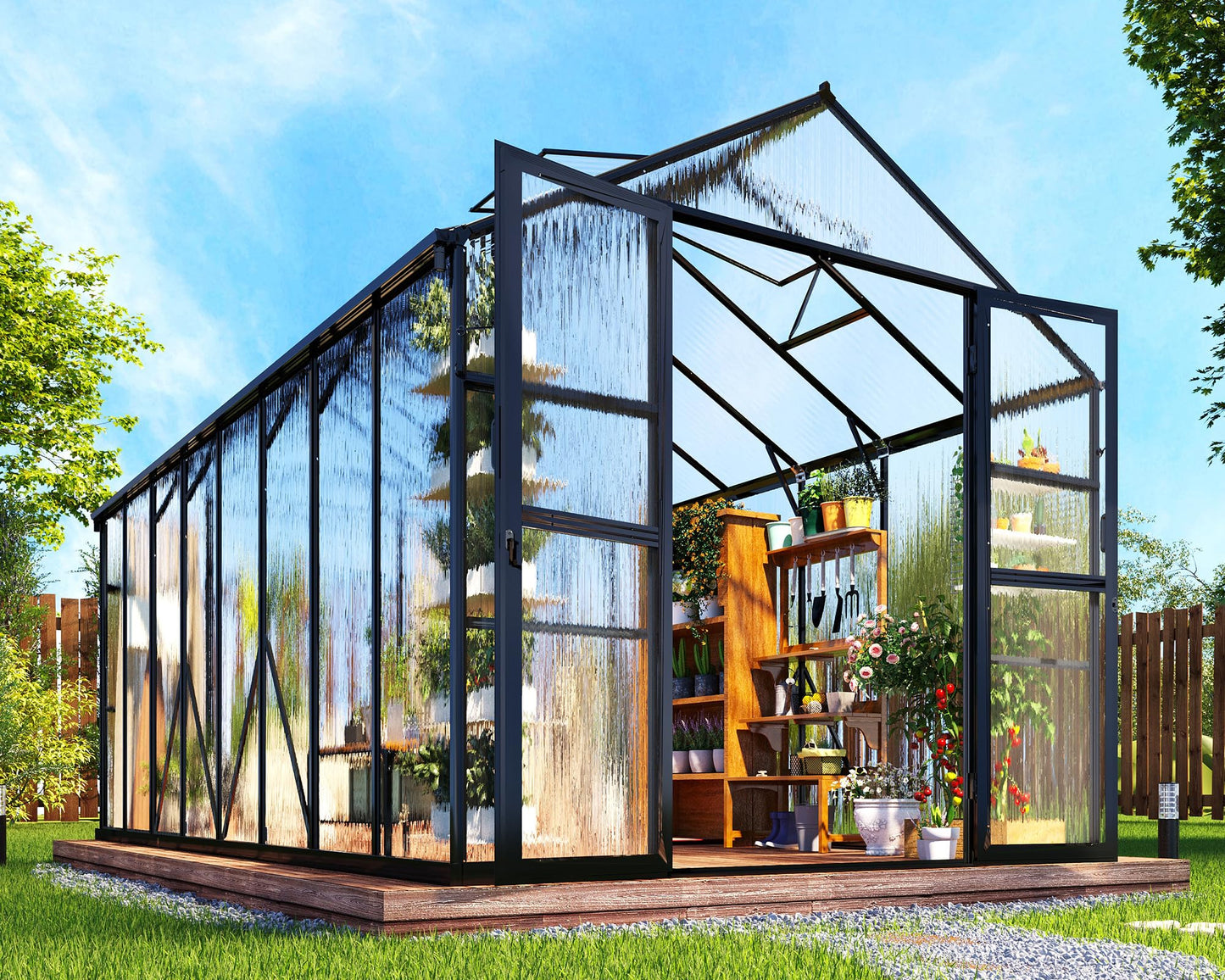 AMERLIFE 8x12x7.5 Polycarbonate Greenhouse with Quick-Connect Fittings, Walk-in Aluminum Greenhouse with 2 Swing Doors, Greenhouses for Outdoors for Garden Backyard, Black