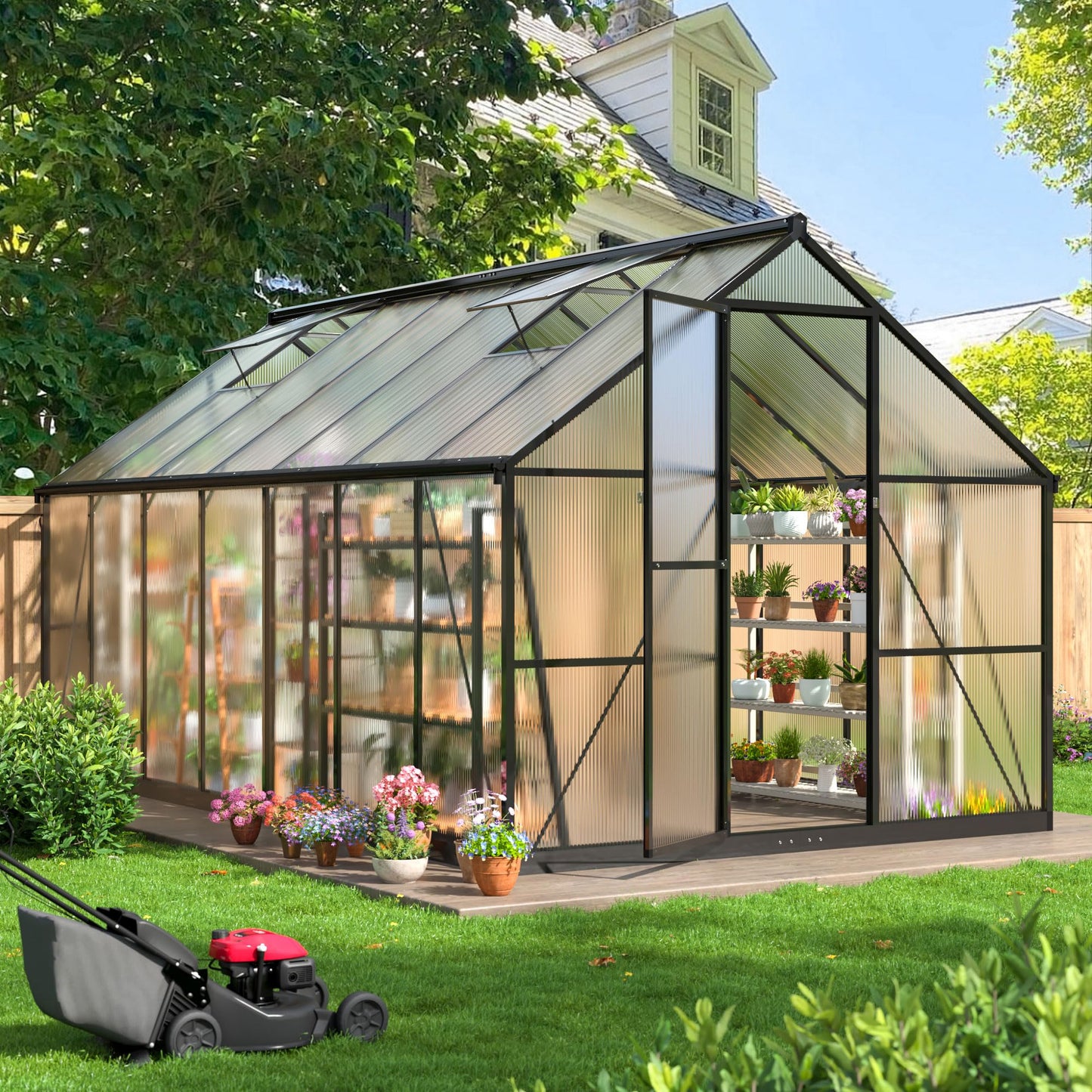 6x7.5 FT Greenhouse for Outdoors, Polycarbonate Greenhouse with Quick Setup Structure and Roof Vent, Aluminum Large Walk-in Greenhouse for Outside Garden Backyard, Black