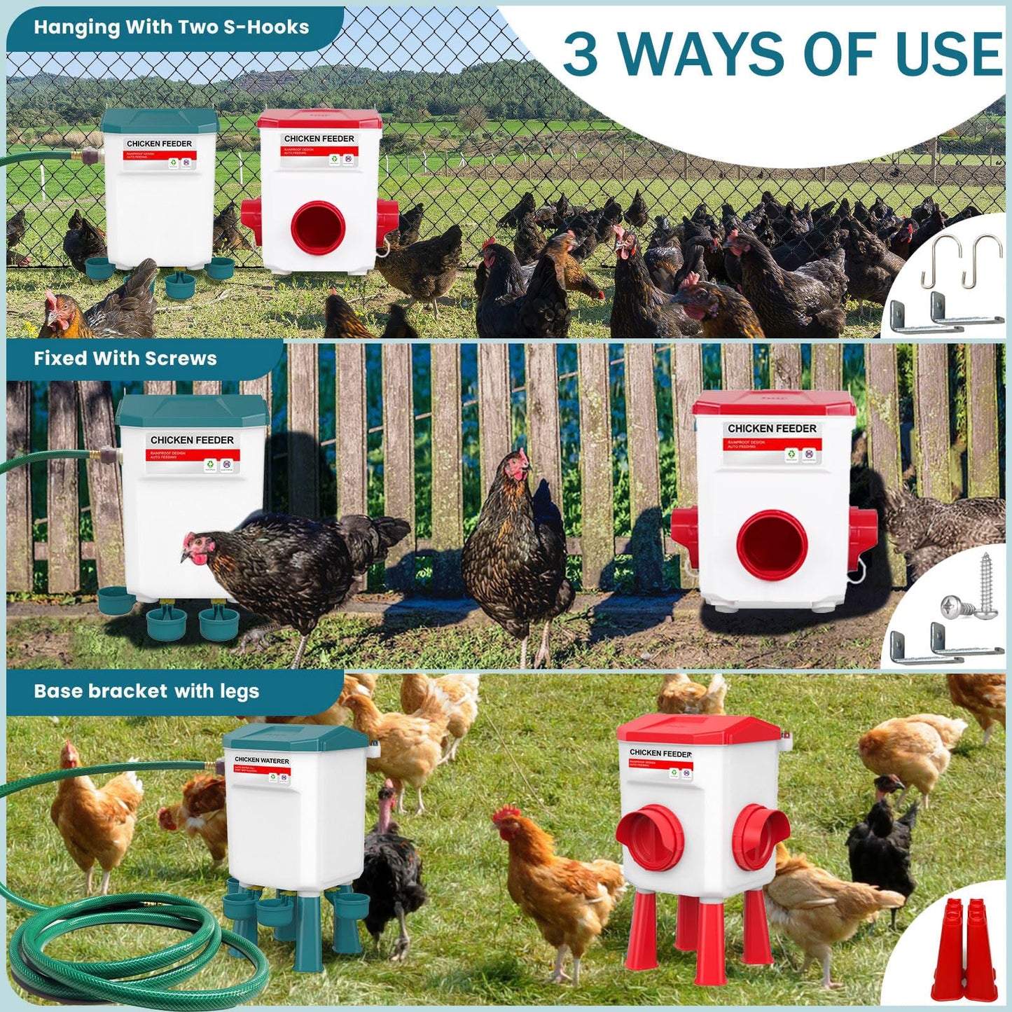 Float-Controlled Automatic Chicken Waterer & No Waste Feeder Kits - Chicken Coop Accessories, Poultry Waterer and Feeder, Two Buckets 3 Gallon/26 Pounds