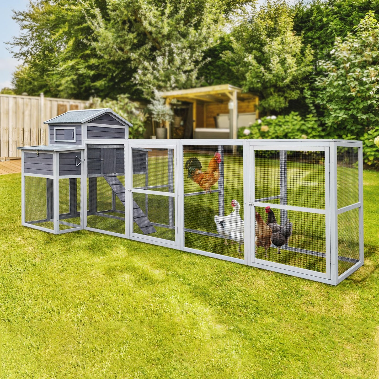 150" Chicken Coop with Two Nesting Boxes and Sliding Door,Outdoor Wooden Extra Large Hen House w/Built-in Slide-Out Tray,Rust-Proof Metal Wire Poultry Cage,5 Perches,Gray