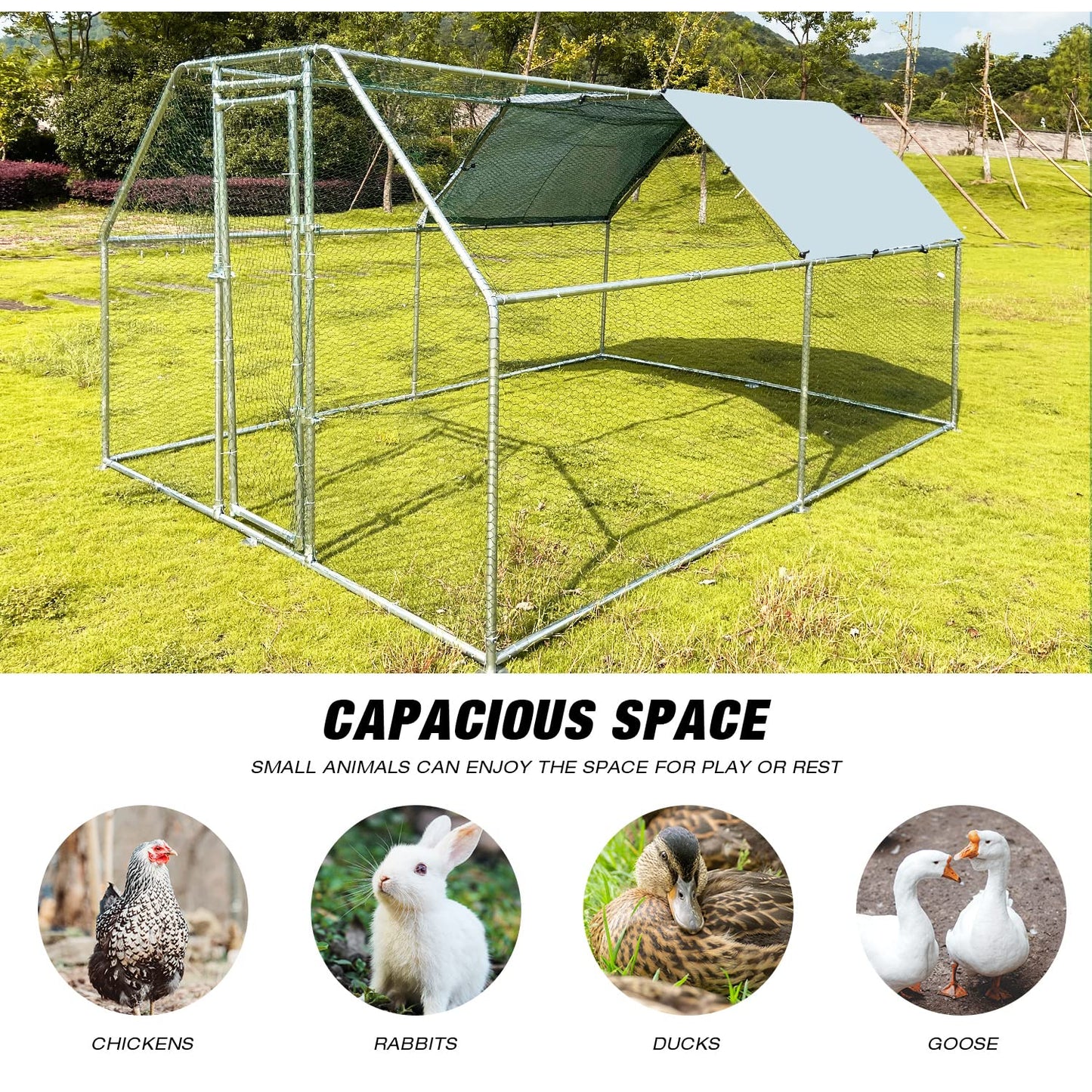 Large Metal Chicken Coop Walk-in Poultry Cage Chicken Run Pen Dog Kennel Duck House with Waterproof and Anti-Ultraviolet Cover for Outdoor Farm Use(9.8' L x 13.1' W x 6.4' H)