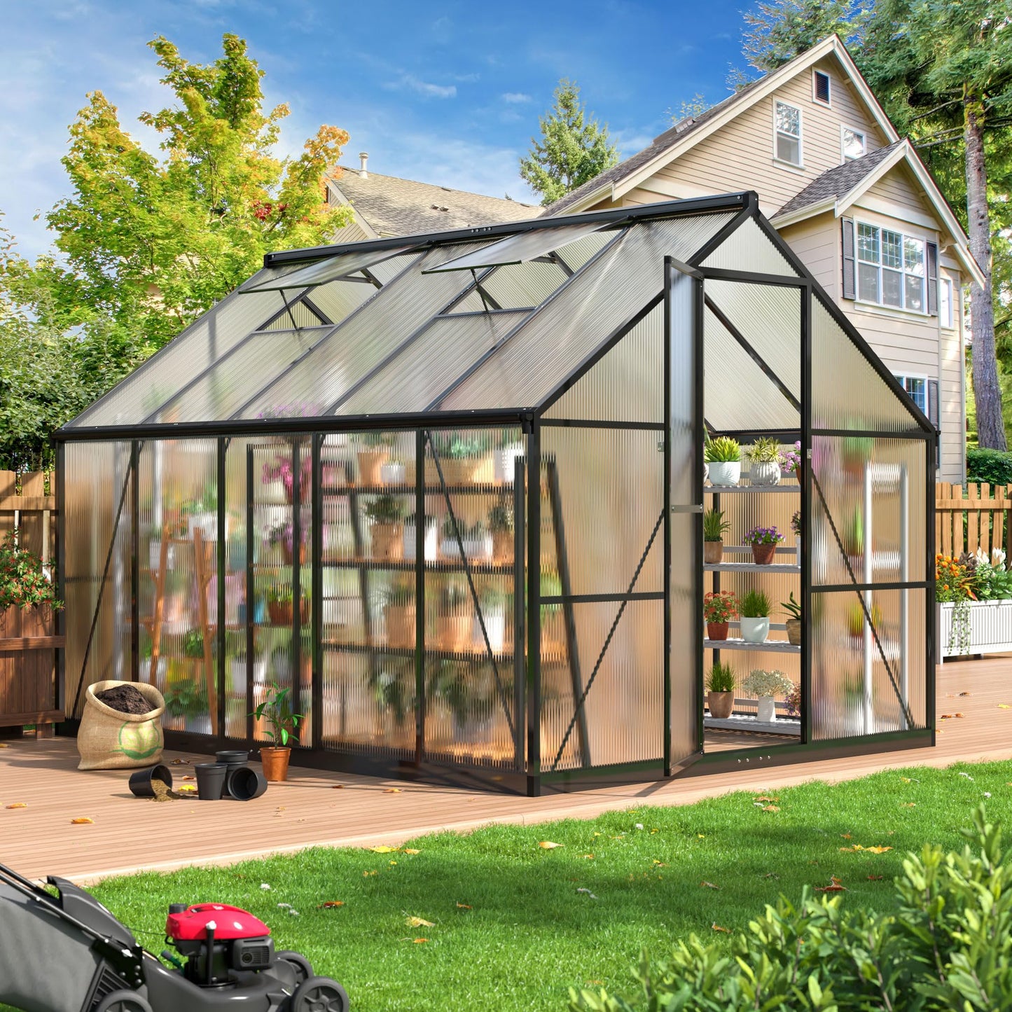 6x7.5 FT Greenhouse for Outdoors, Polycarbonate Greenhouse with Quick Setup Structure and Roof Vent, Aluminum Large Walk-in Greenhouse for Outside Garden Backyard, Black