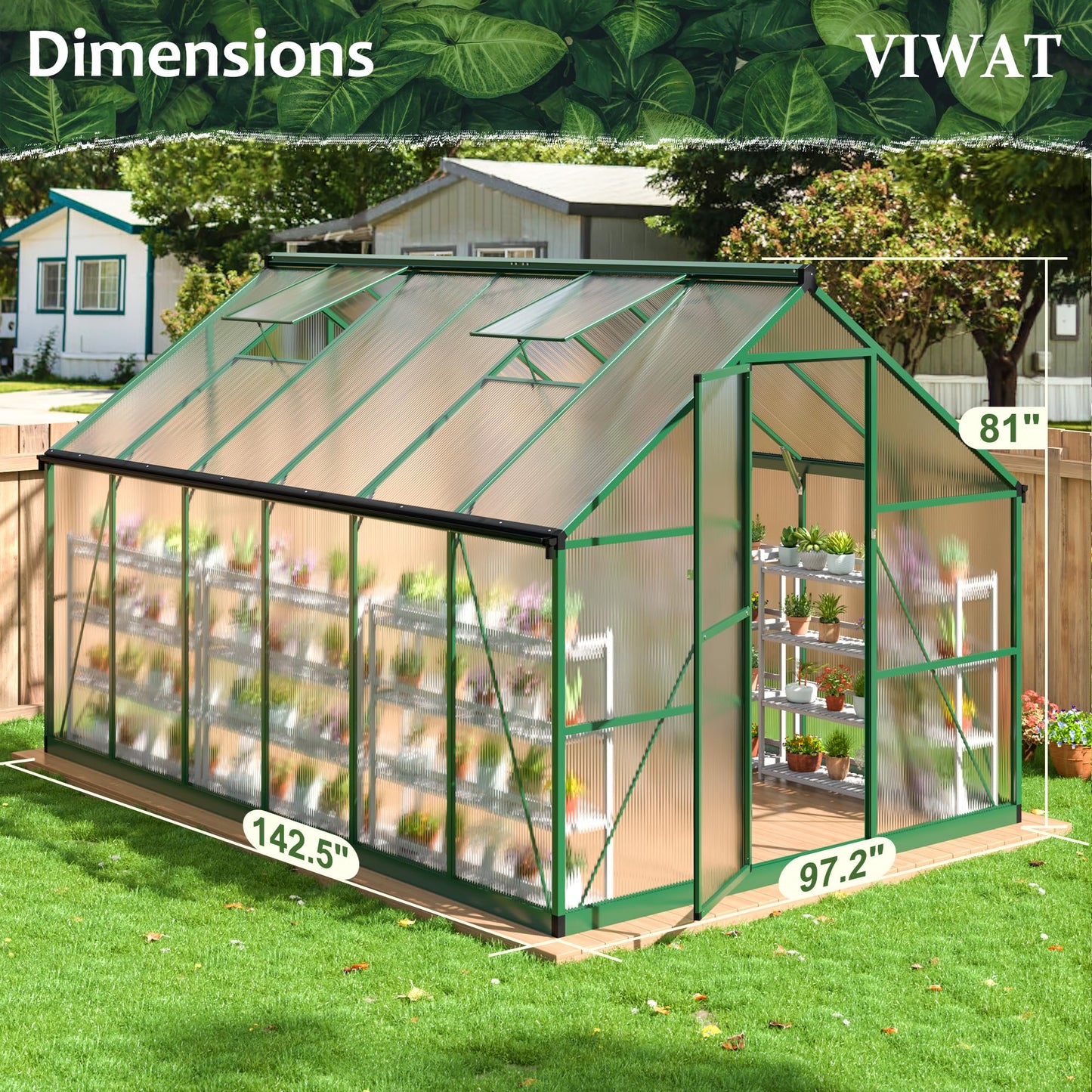 6x7.5 FT Greenhouse for Outdoors, Polycarbonate Greenhouse with Quick Setup Structure and Roof Vent, Aluminum Large Walk-in Greenhouse for Outside Garden Backyard, Black