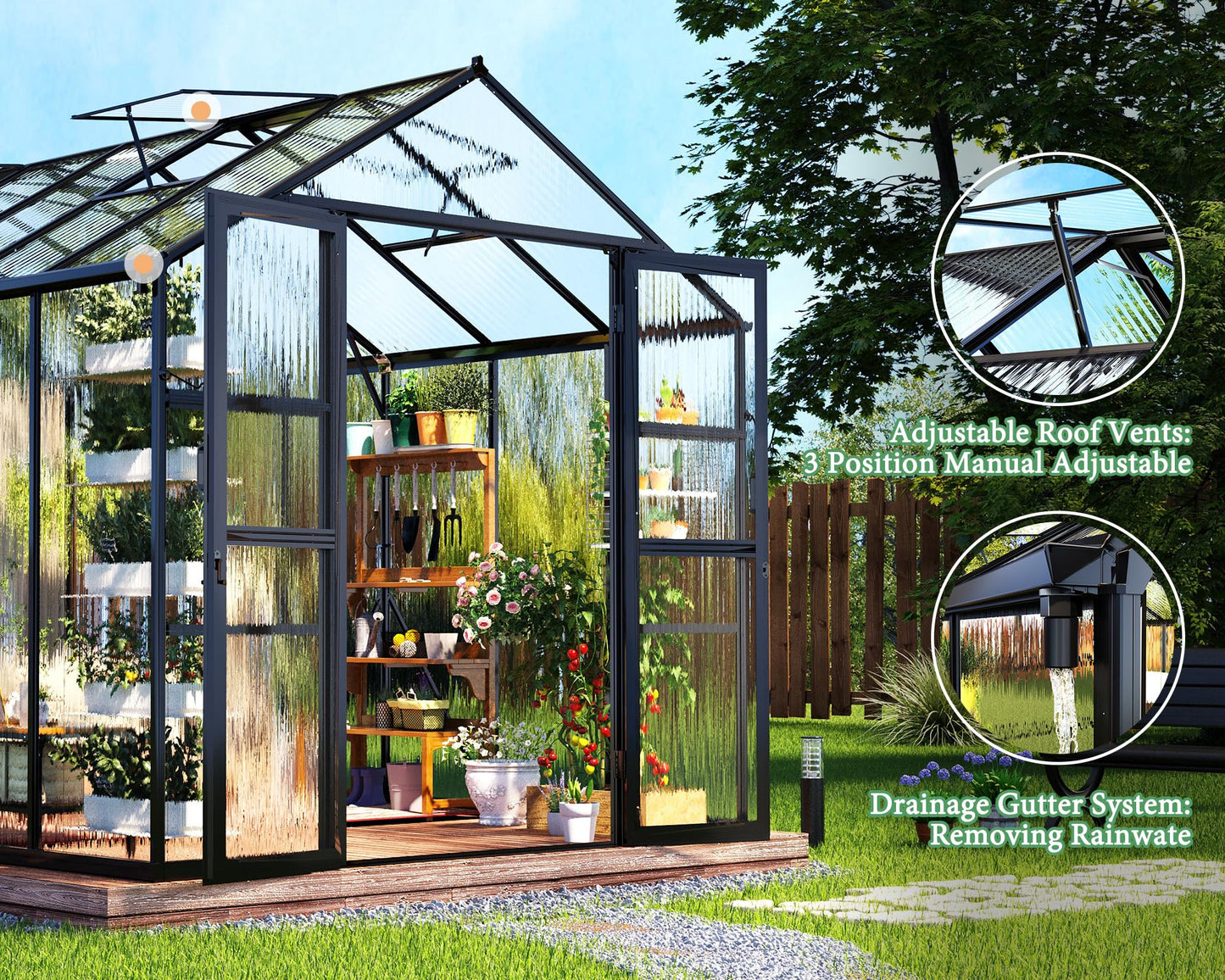 AMERLIFE 8x12x7.5 Polycarbonate Greenhouse with Quick-Connect Fittings, Walk-in Aluminum Greenhouse with 2 Swing Doors, Greenhouses for Outdoors for Garden Backyard, Black