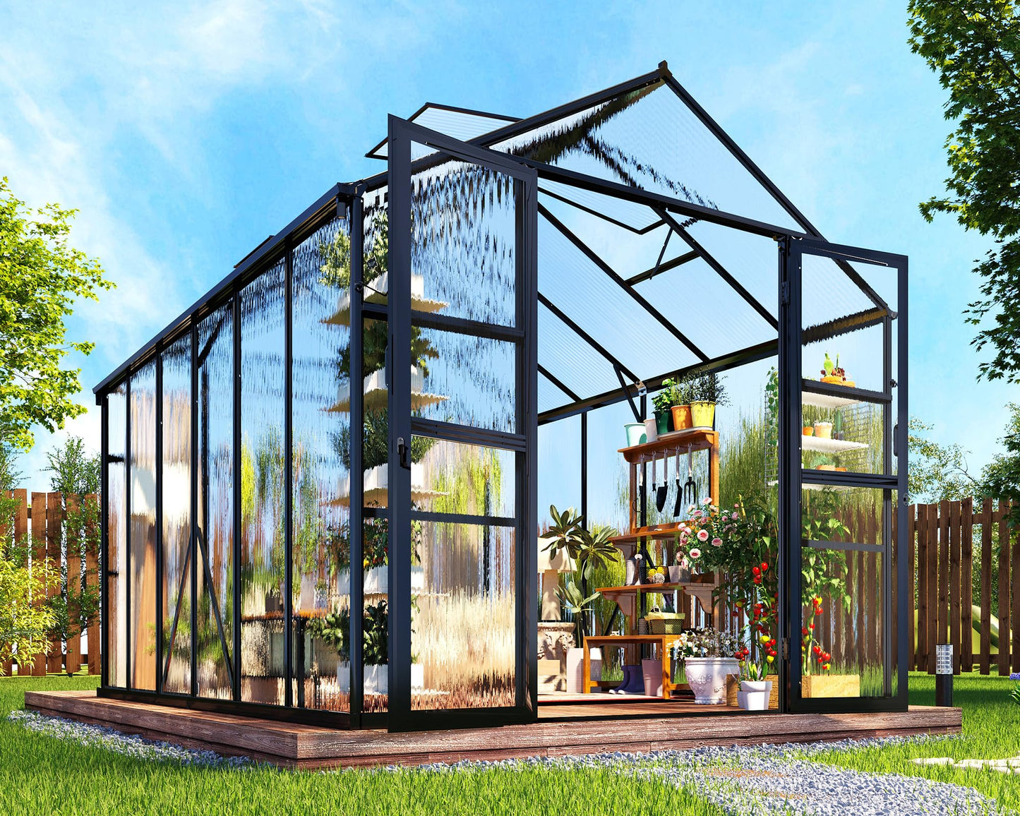 AMERLIFE 8x12x7.5 Polycarbonate Greenhouse with Quick-Connect Fittings, Walk-in Aluminum Greenhouse with 2 Swing Doors, Greenhouses for Outdoors for Garden Backyard, Black