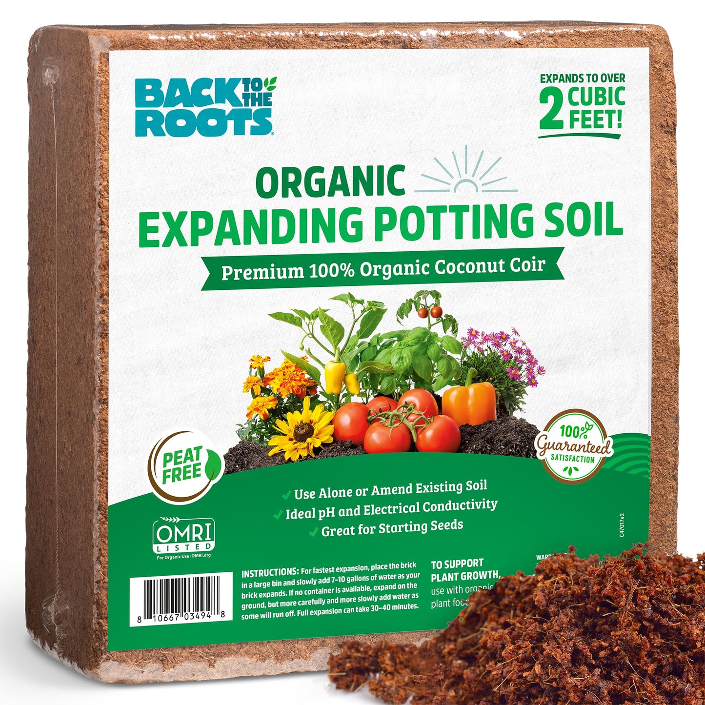 Back to the Roots Organic Seed Starting, Compressed Block expands to 12 Quarts, Made for Herbs, Veggies, Flowers