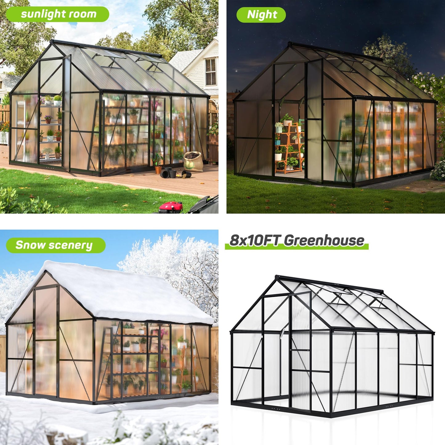 6x7.5 FT Greenhouse for Outdoors, Polycarbonate Greenhouse with Quick Setup Structure and Roof Vent, Aluminum Large Walk-in Greenhouse for Outside Garden Backyard, Black